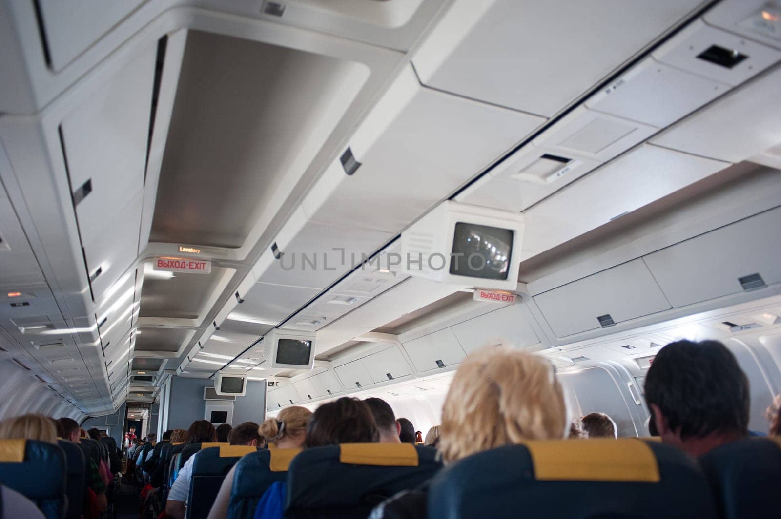 The interior of the aircraft with passengers, flew