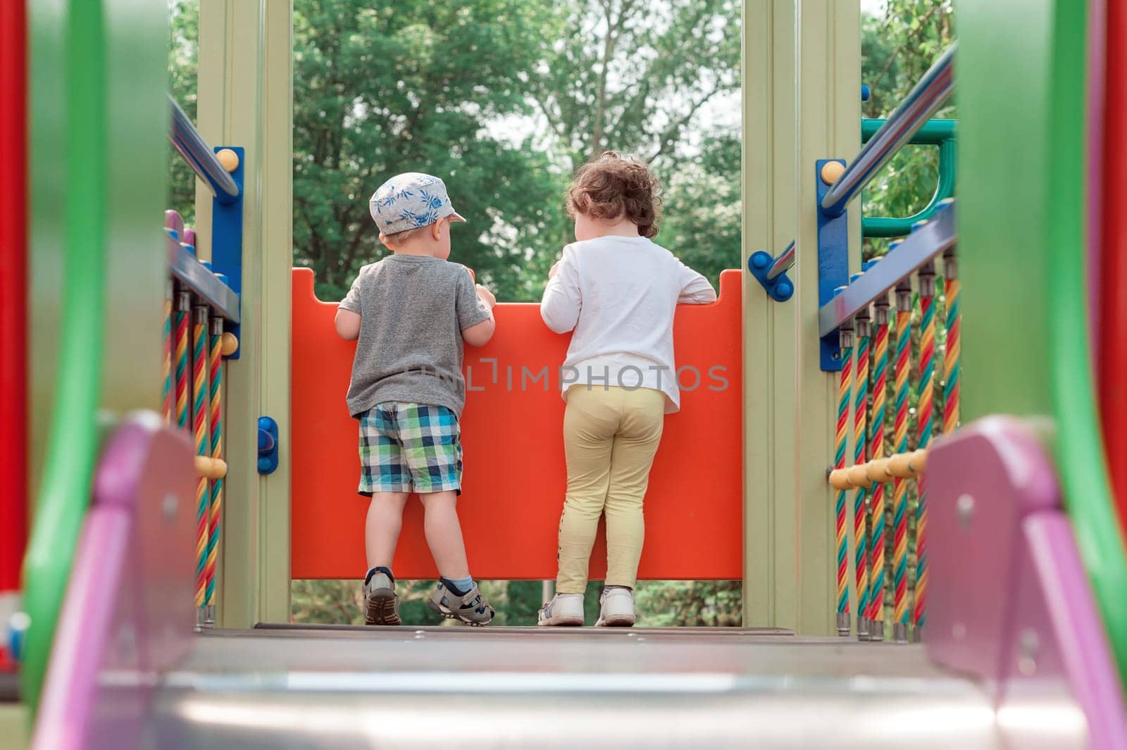 children boy and girl, adolescence, are back in the children's entertainment and gaming town