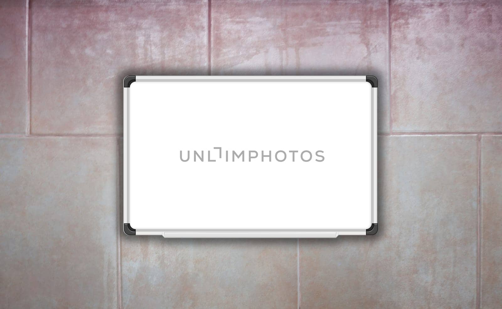 Blank white baord on ceramic tiles wall texture background, stock photo