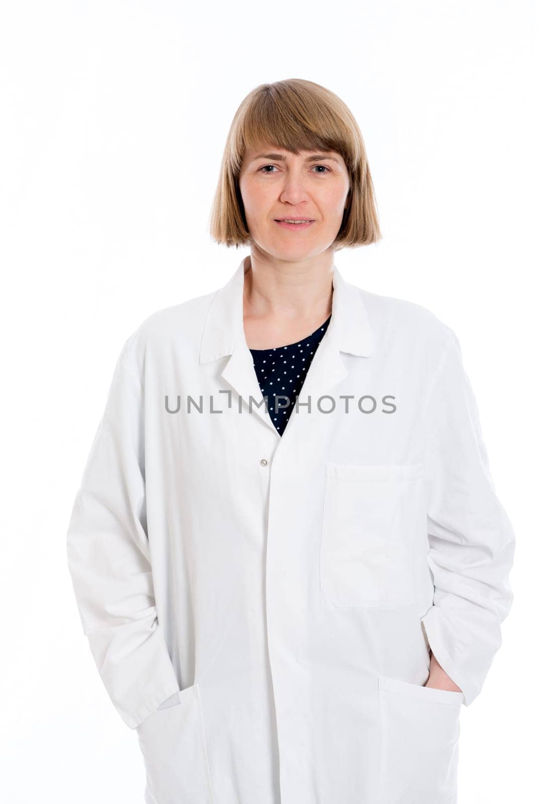 young female doctor in front of white background