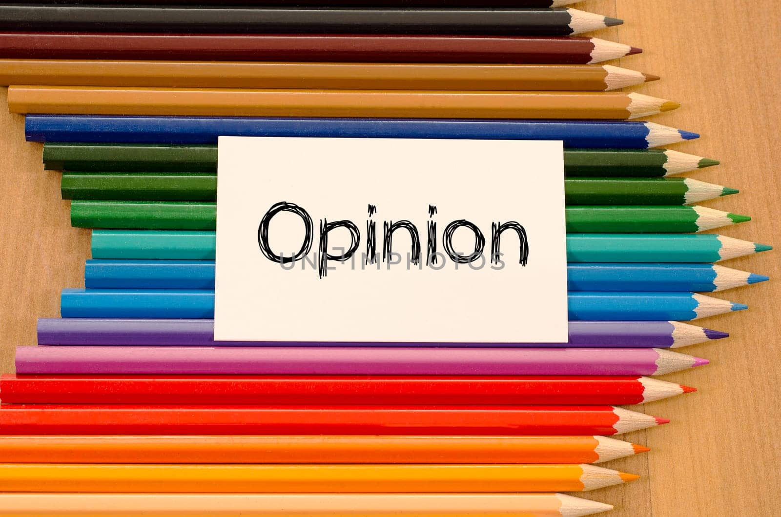 Opinion text concept and colored pencil on wooden background