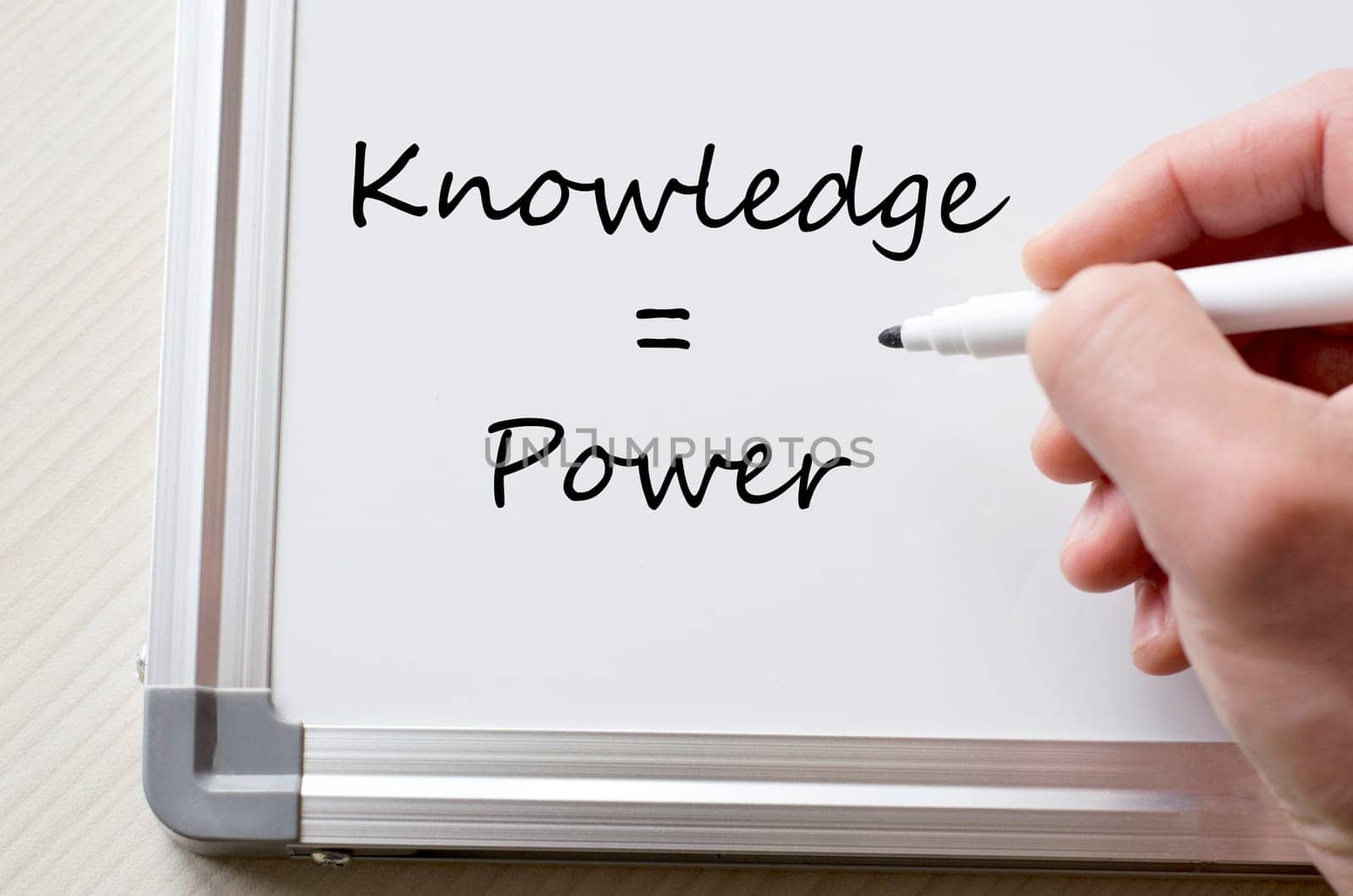 Human hand writing knowledge and power on whiteboard
