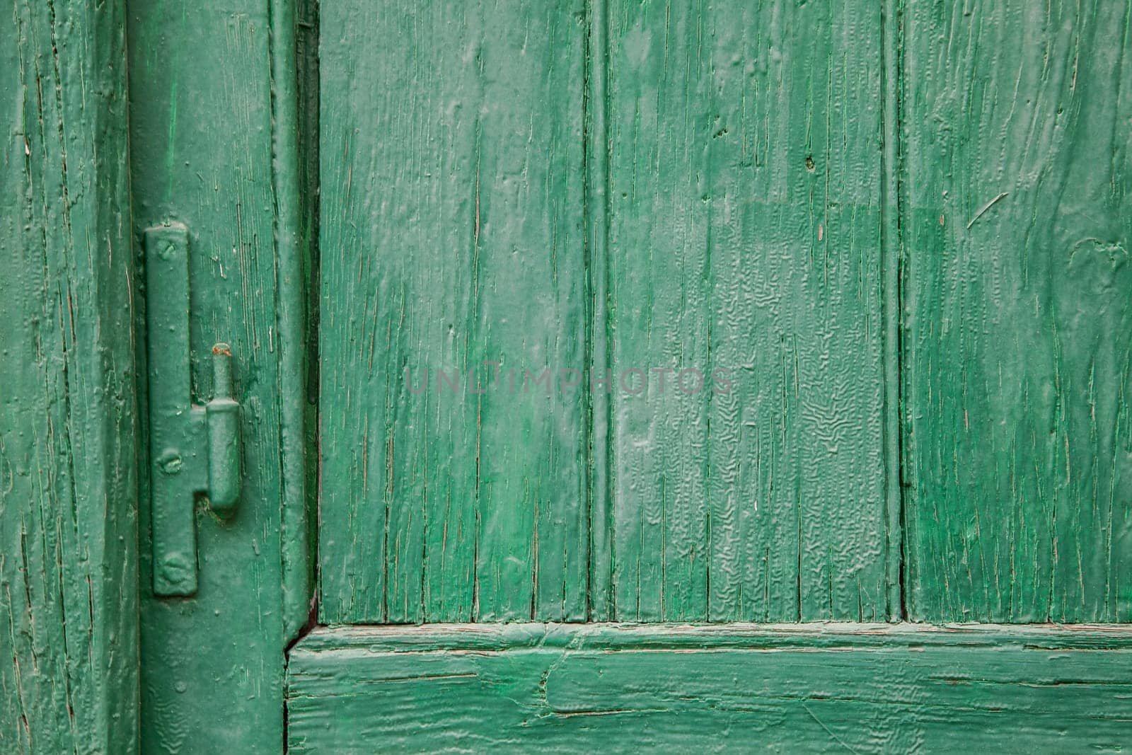 Recently painted green wood door and window panels with hinge