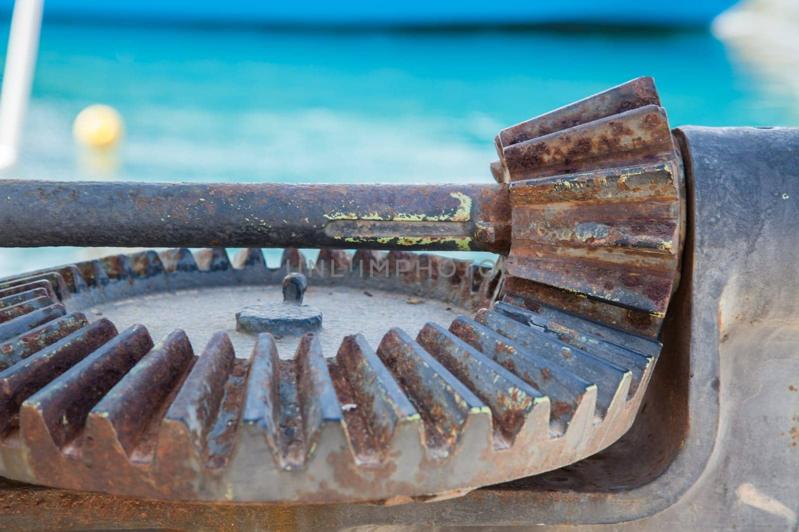 Old rusty weathered sea boats gears on a port