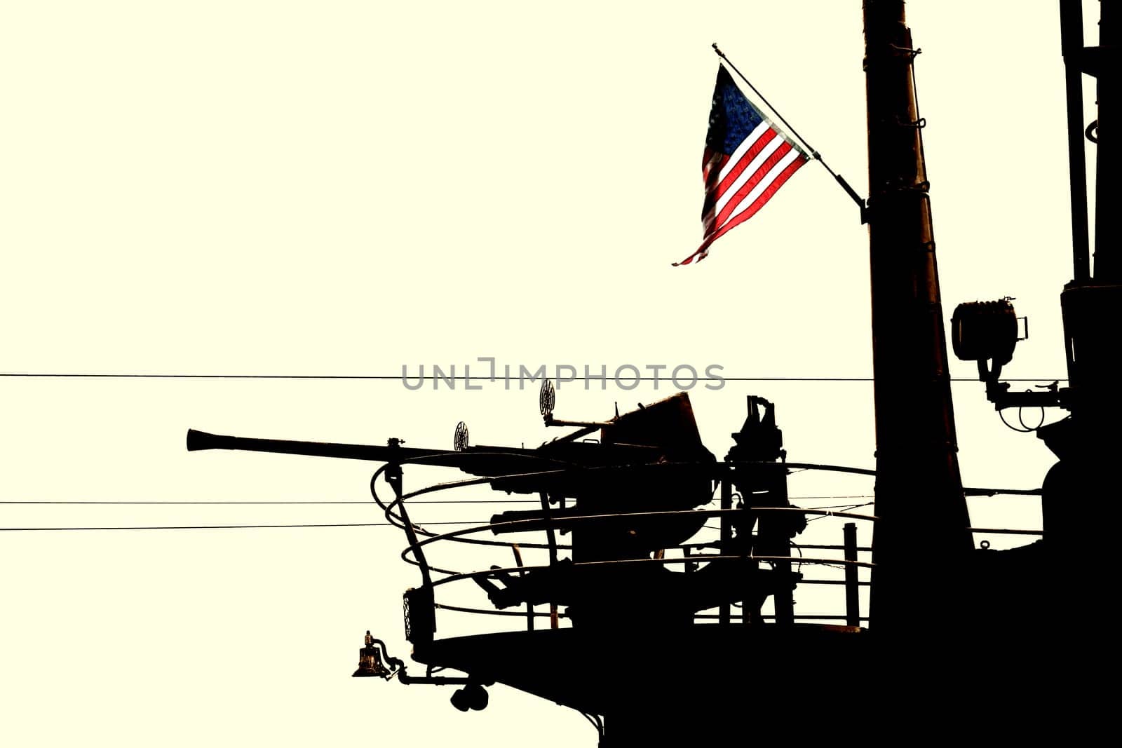 The side view and the surreal representation of an anti-aircraft gun on a warship.