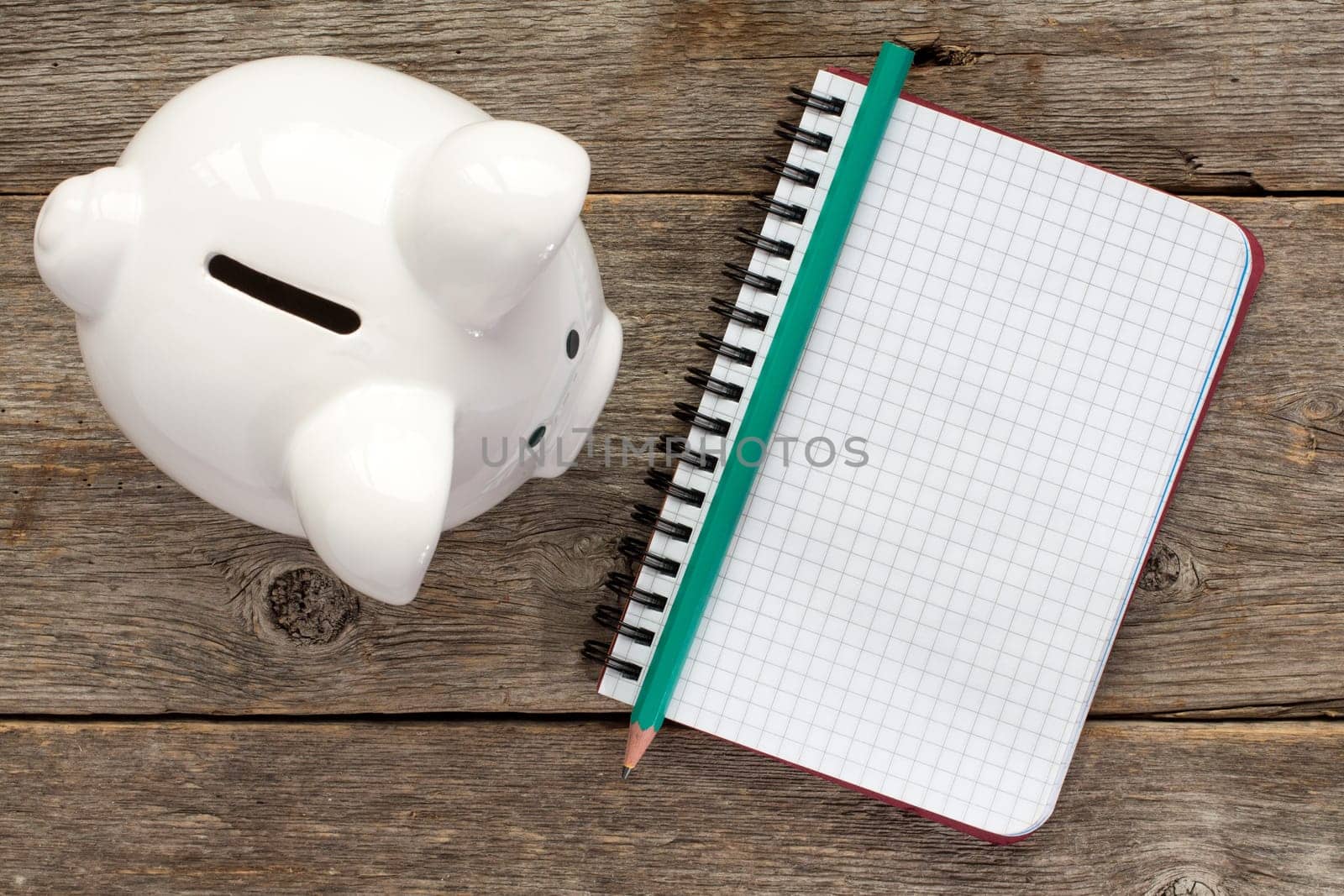 Writing notes or planning schedule on blank spiral notebook with piggy bank
