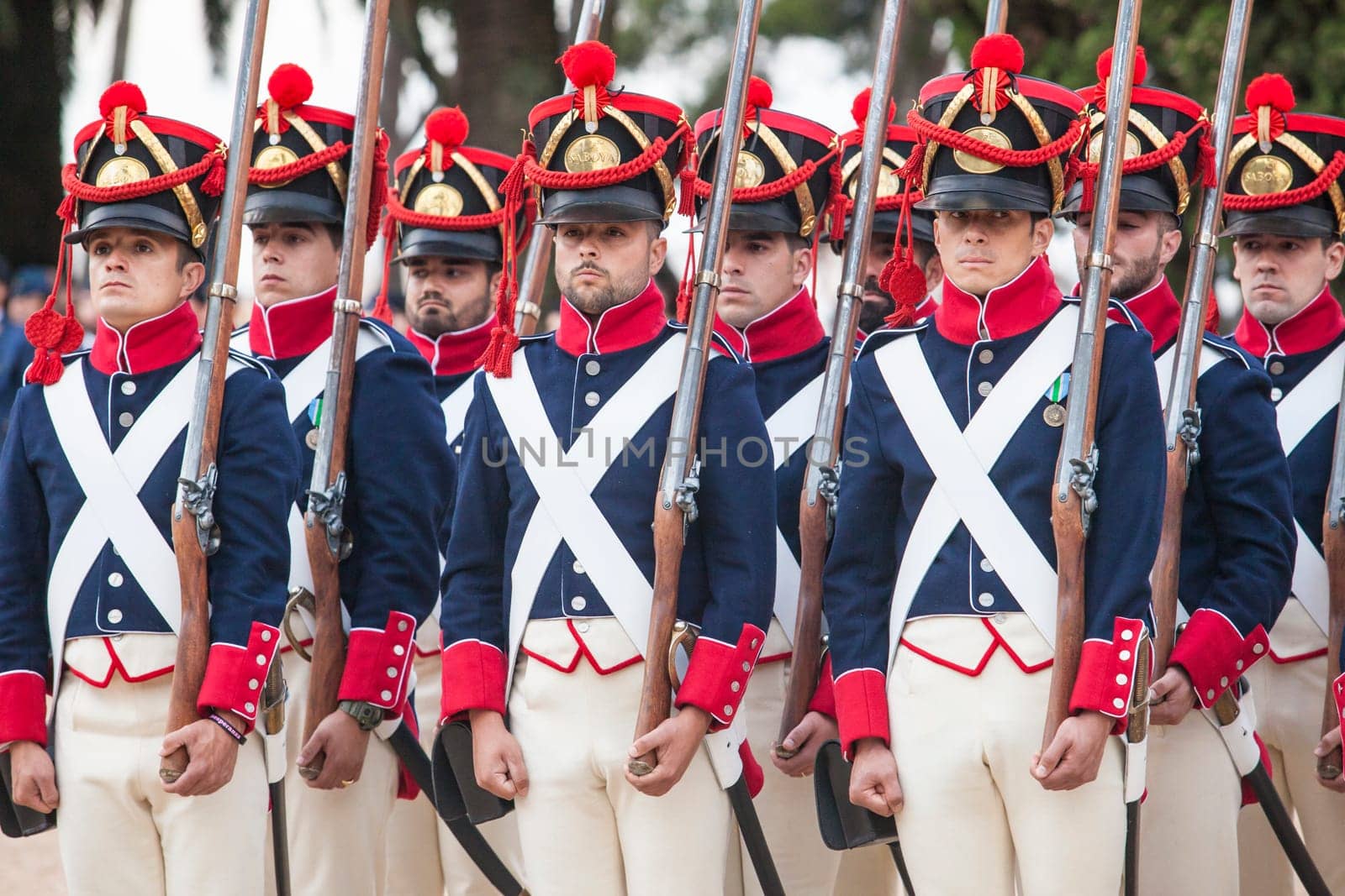 Badajoz, Spain - May 25, 2016: spanish troops during the Armed forces day. 6th Infantry Regiment Saboya period dressed