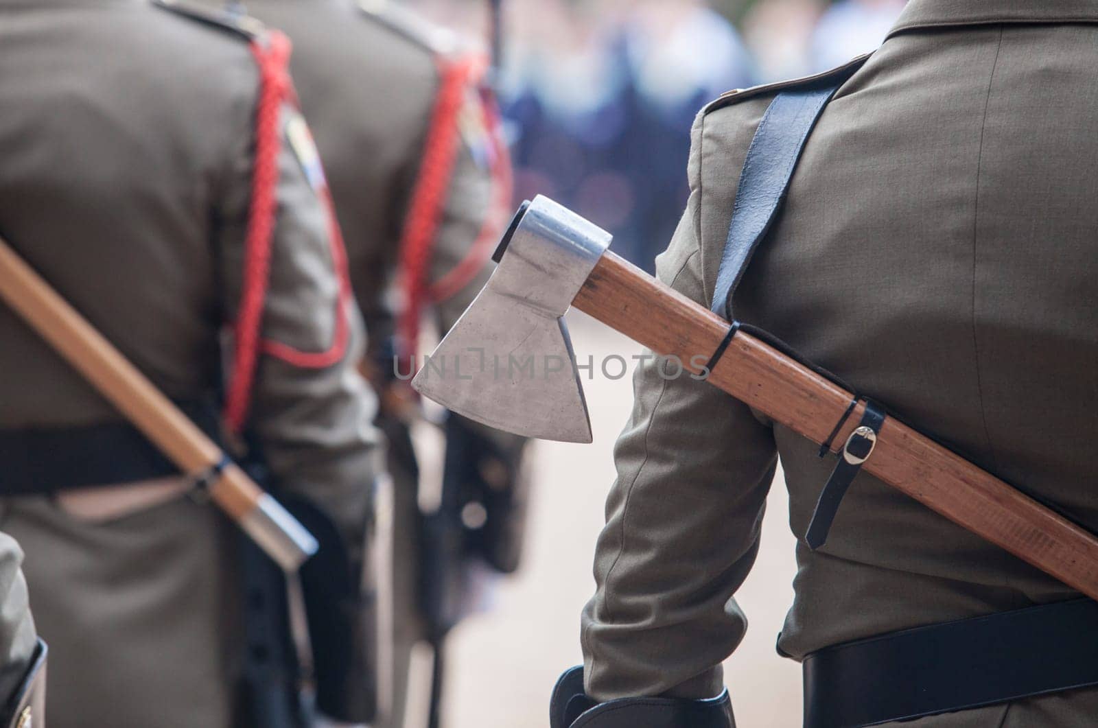 Badajoz, Spain - May 25, 2016: spanish troops during the Armed forces day. Axes on back
