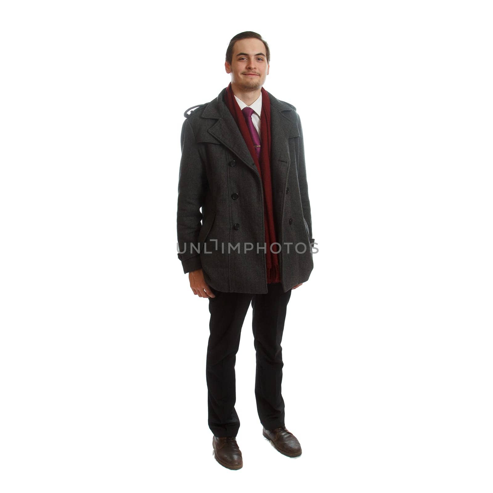 An young adult in formal wear on white background
