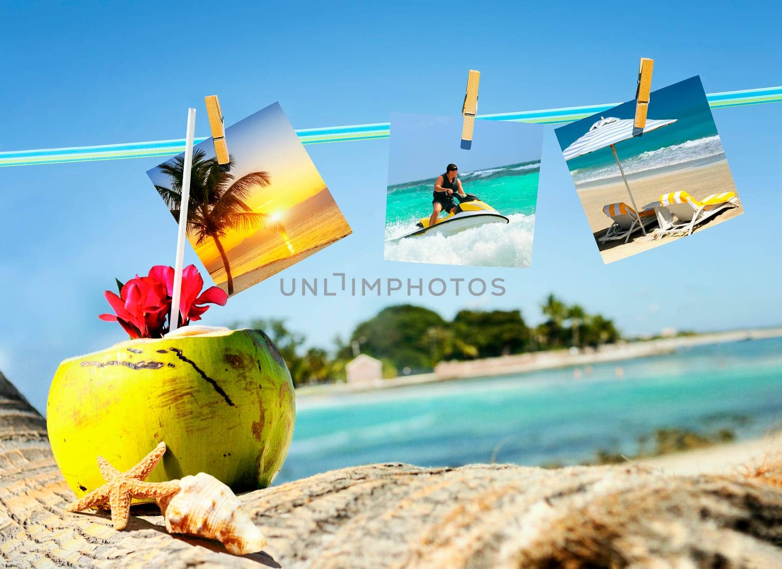 coconuts cocktail, starfish, sea outdoor with hlidays pics