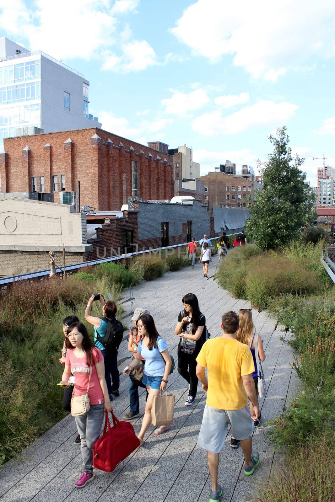 NEW YORK CITY - SEPTEMBER 03: People at High Line Park in NYC on September 03th, 2013. The High Line is a public park built on an historic freight rail line elevated above the streets on Manhattan West Side.