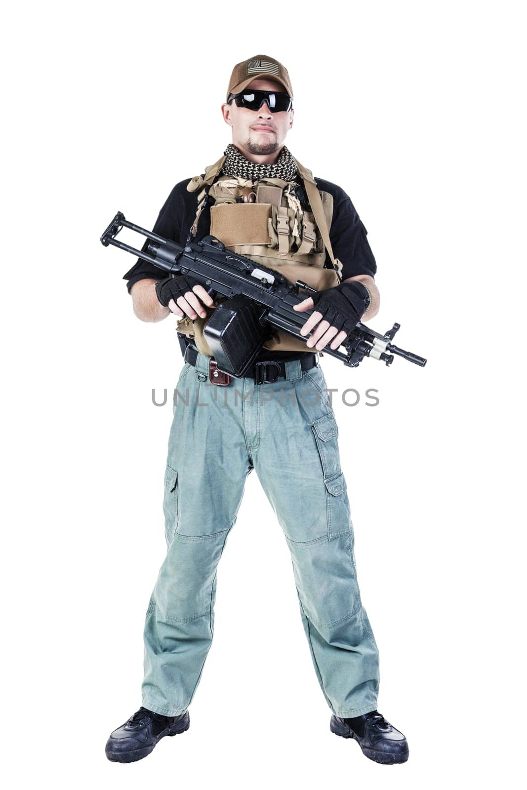 Studio shot of private military contractor PMC with assault rifle