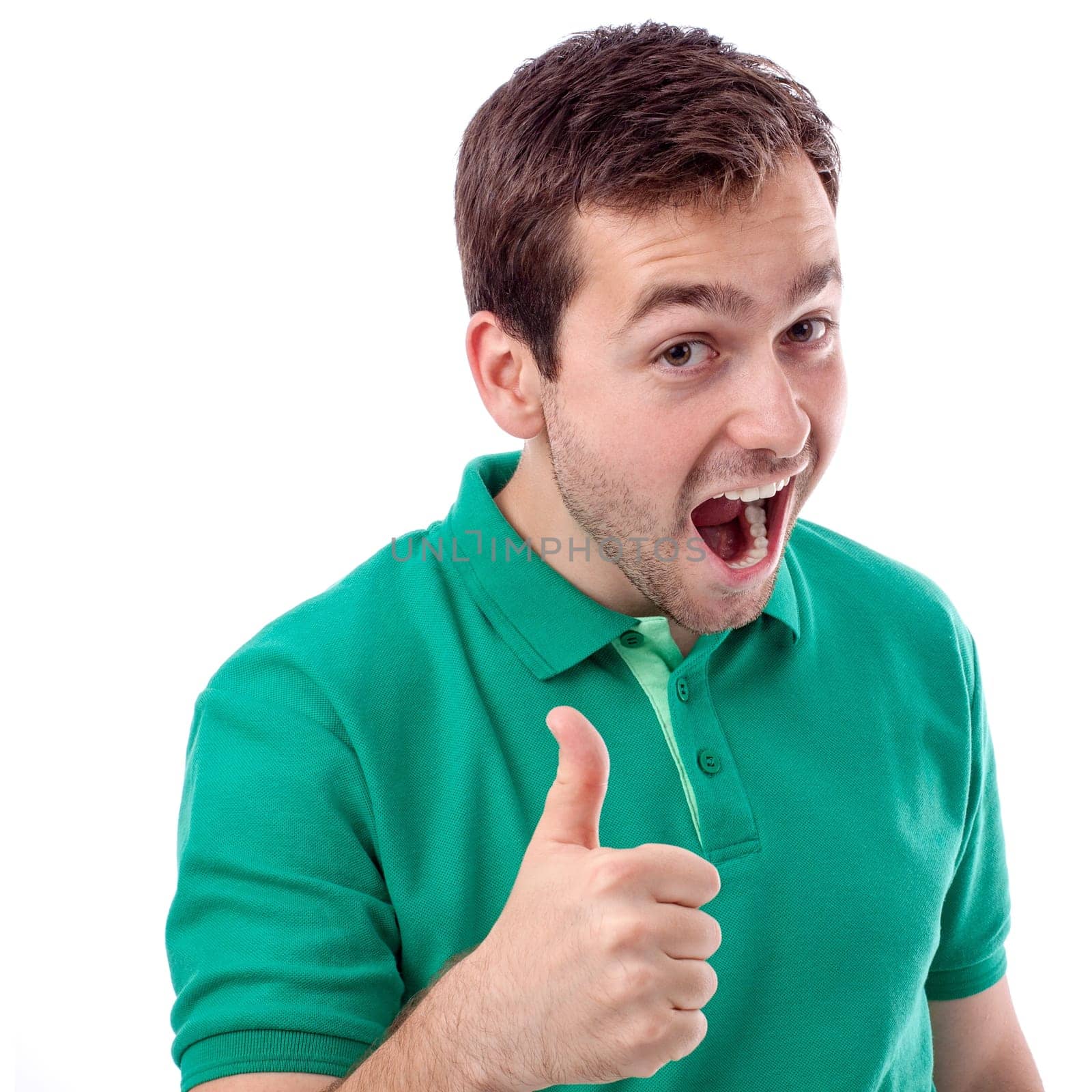 Handsome young man in green shirt with thumbs up