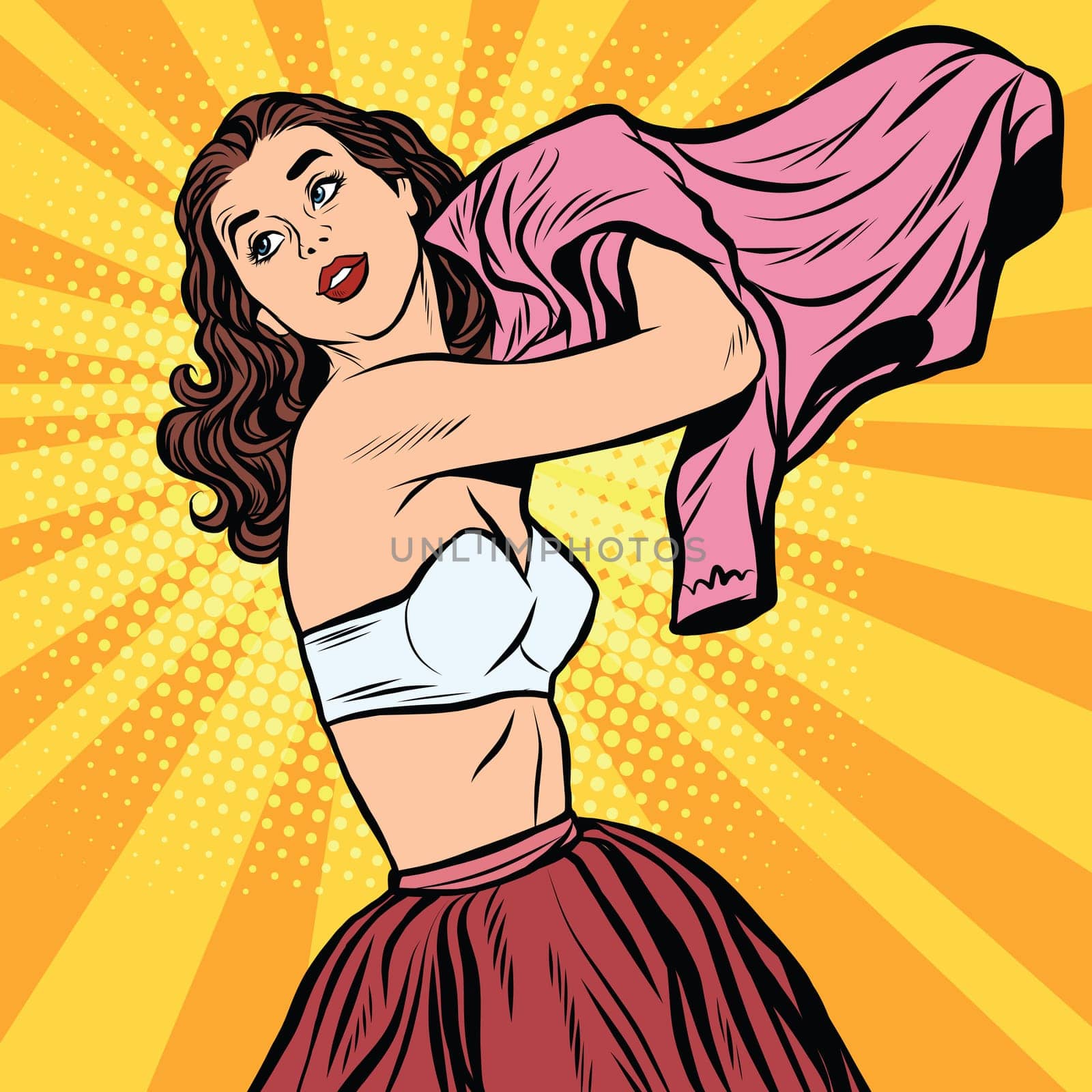 Beautiful retro girl in bra getting dressed pop art vector. Underwear beauty and fashion. Realistic retro woman