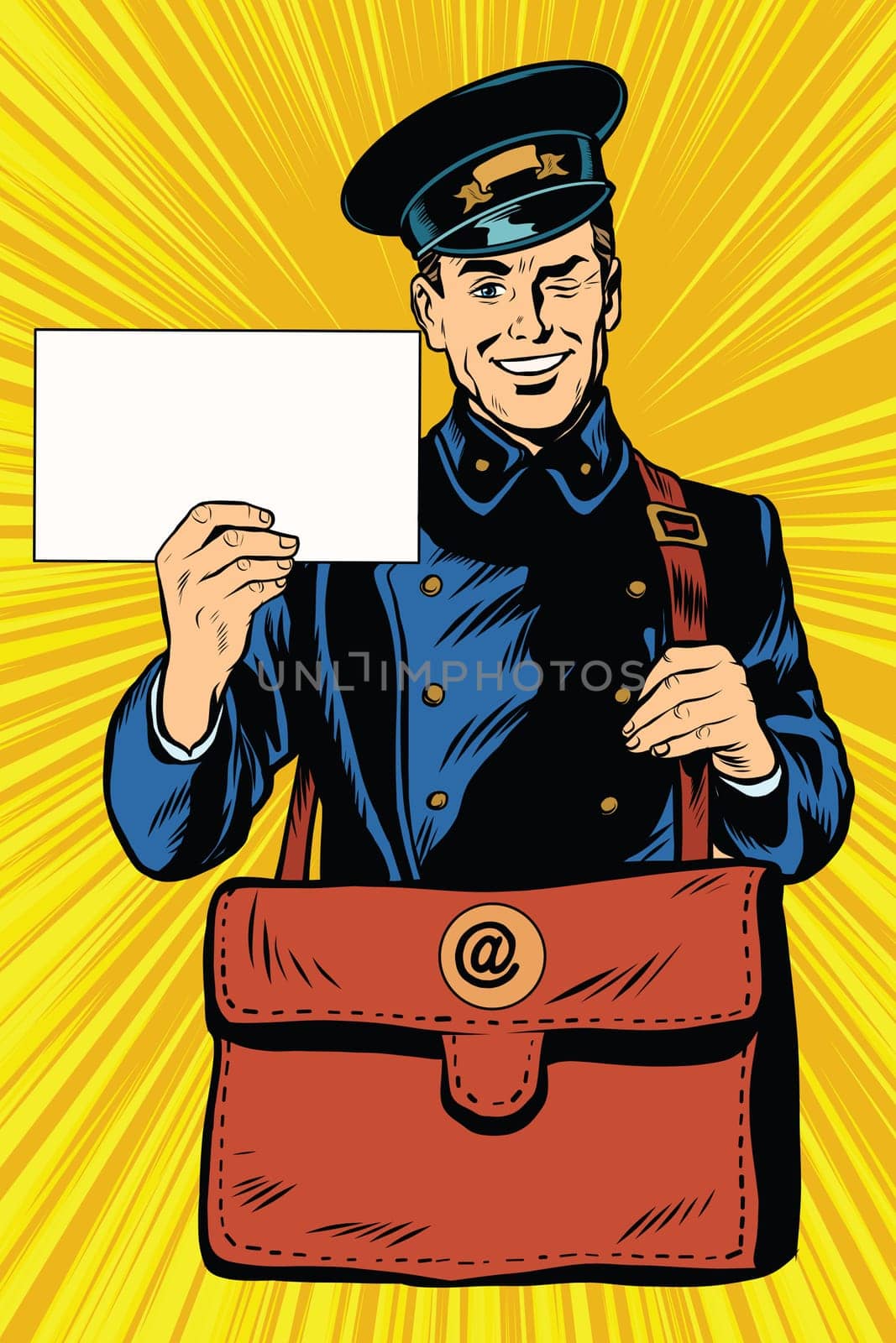 Cheerful postman pop art retro vector. Friendly postman in blue uniform with bag and letters