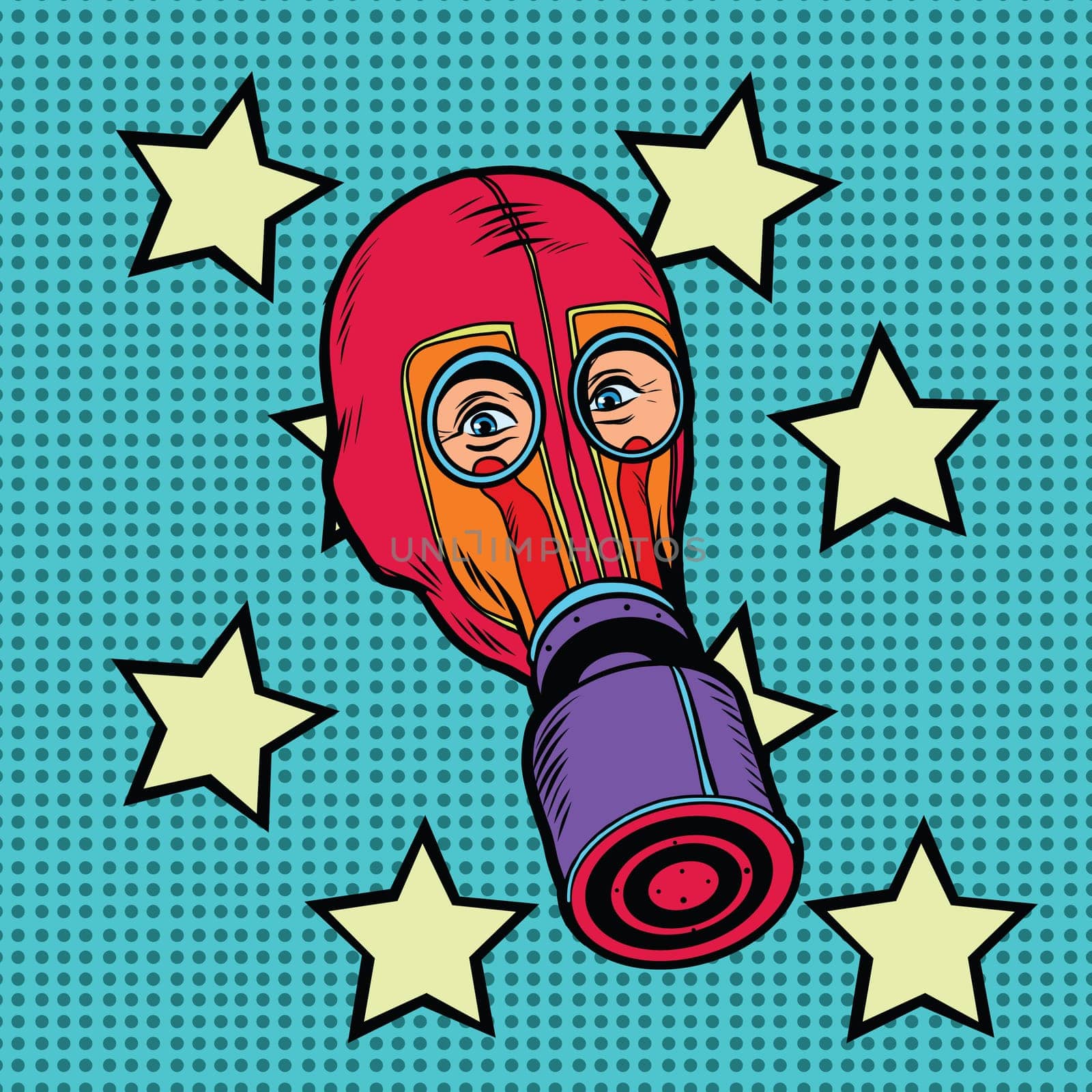 Gas mask, vintage red rubber pop art retro vector. Chemical and biological protection. Military equipment, nuclear contamination. War