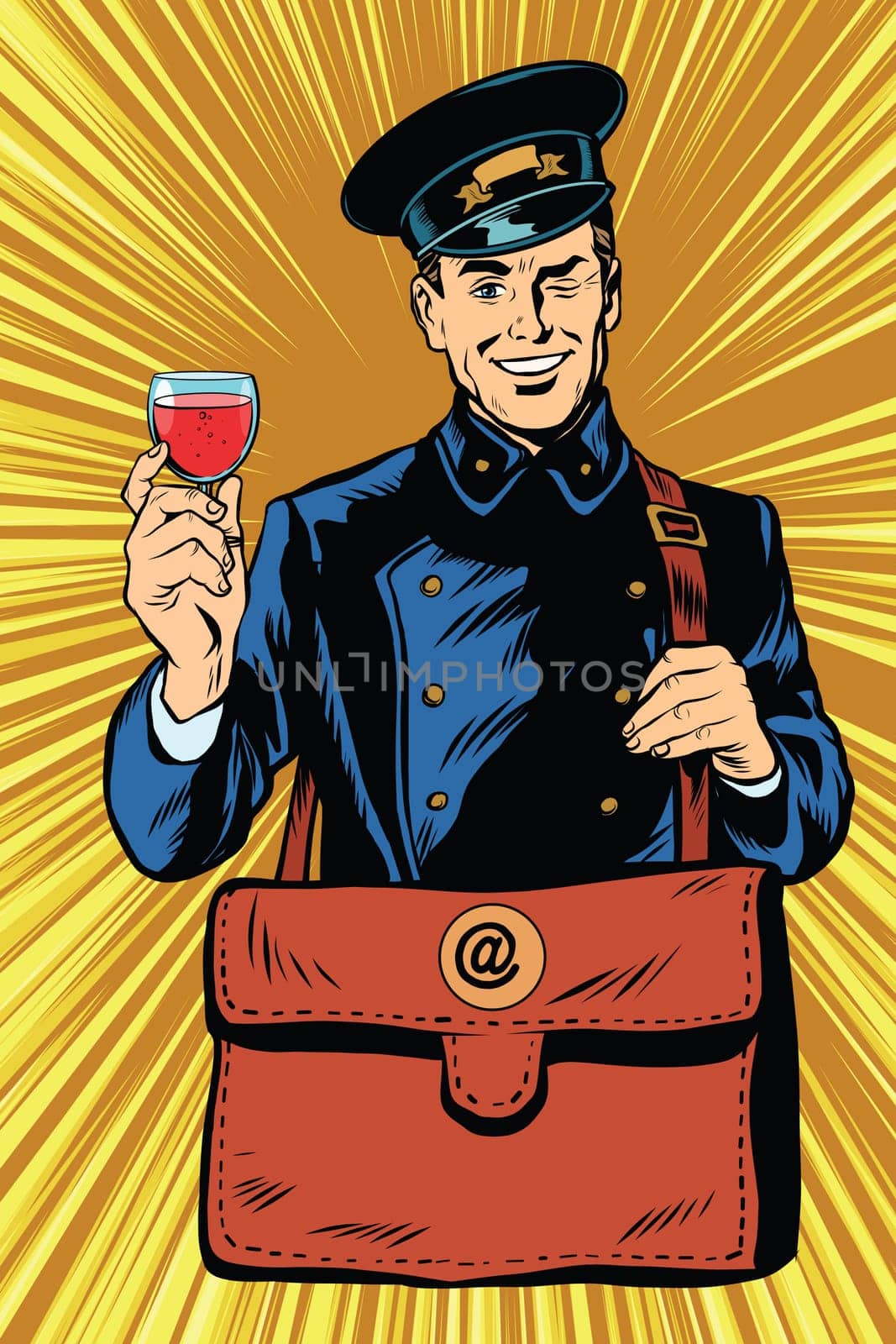 Smiling retro postman with a greeting glass of wine pop art vector. Birthday greetings message