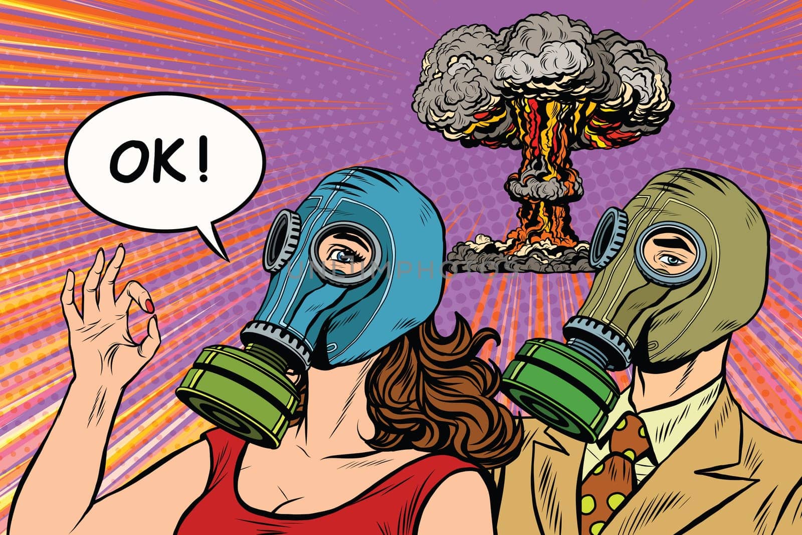 Nuclear war retro pop art poster military vector. Man and woman in gas masks. The OK gesture