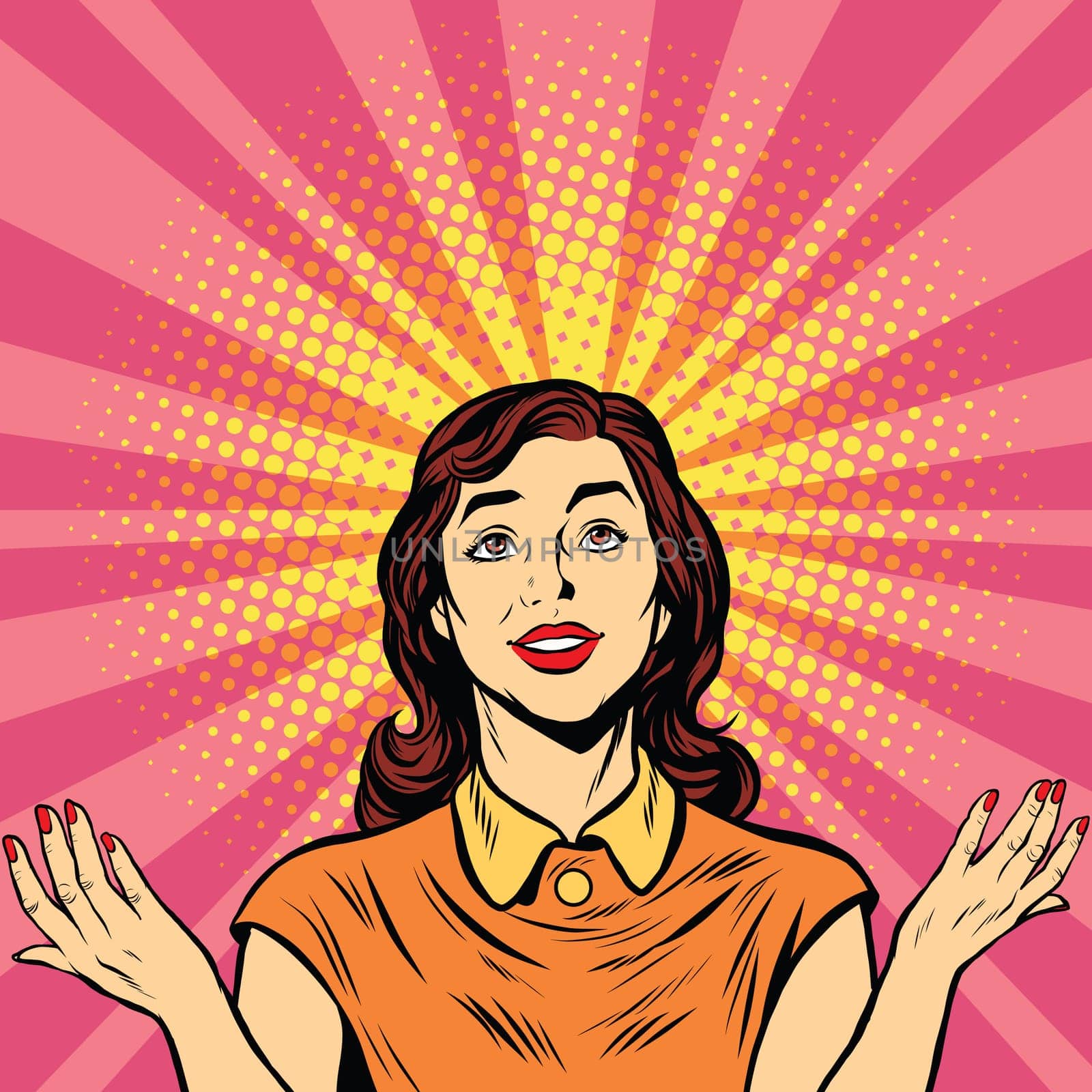 Woman prayer joy religion pop art retro vector