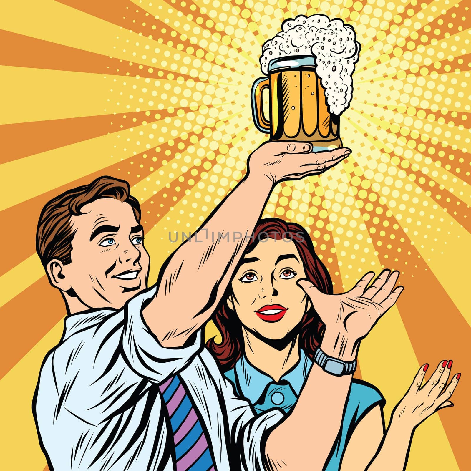 Triumph beer festival bar pub man and woman pop art retro vector. Mug of beer on the podium