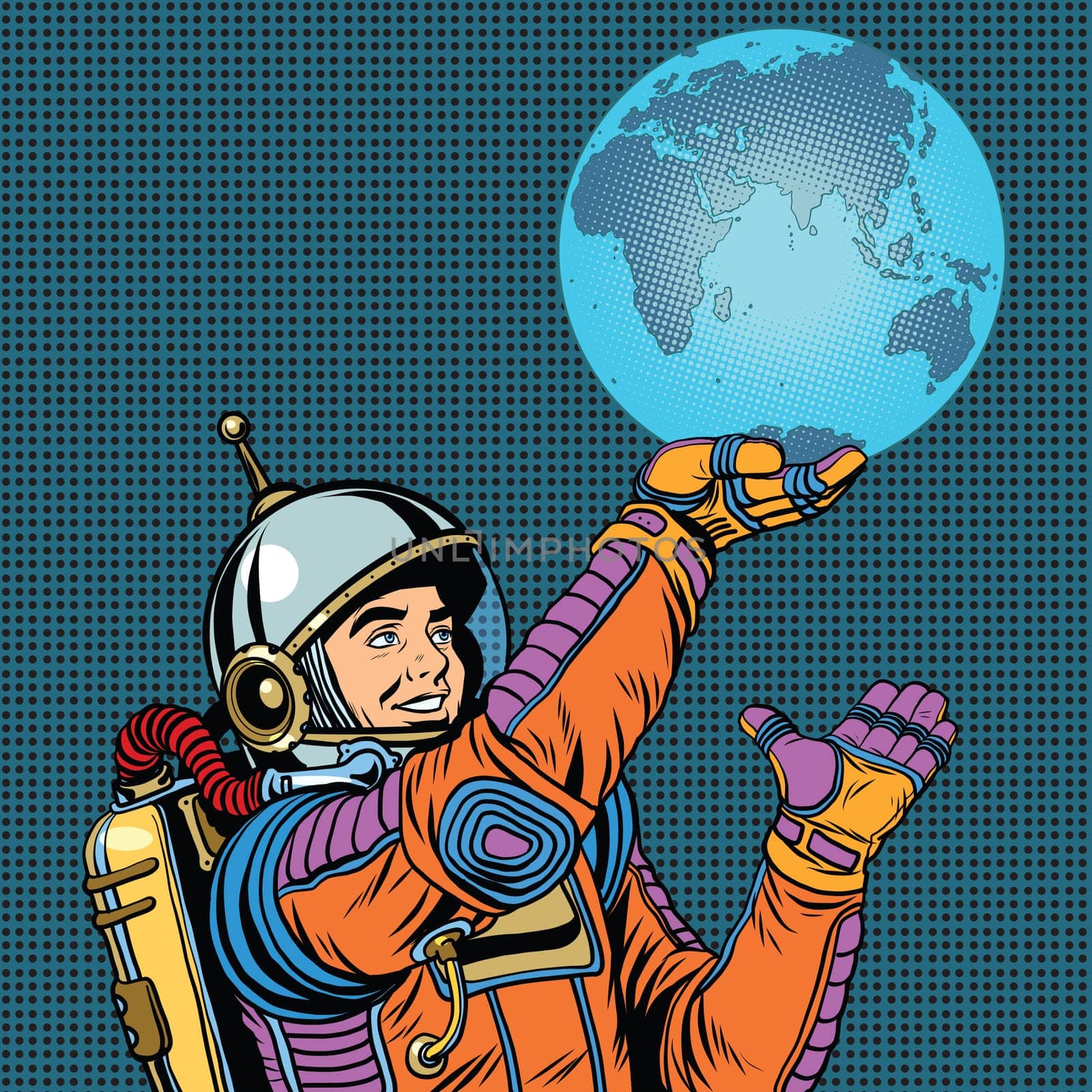 Retro astronaut is holding the planet Earth on hand pop art retro vector. Caring for the planet. Earth day and the day of environmental protection