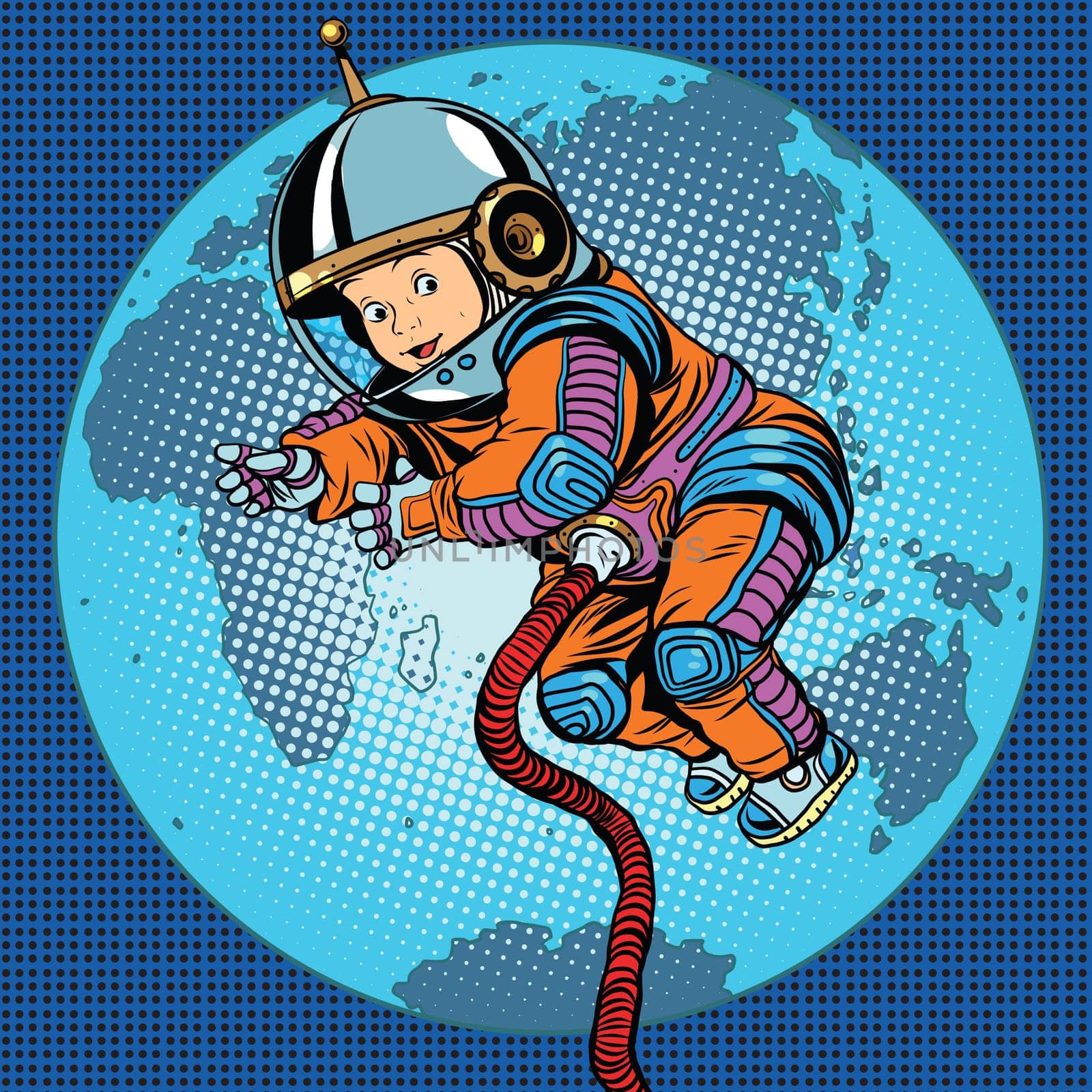 Astronaut baby Earth space. Earth day, ecology and life on the planet pop art retro vector