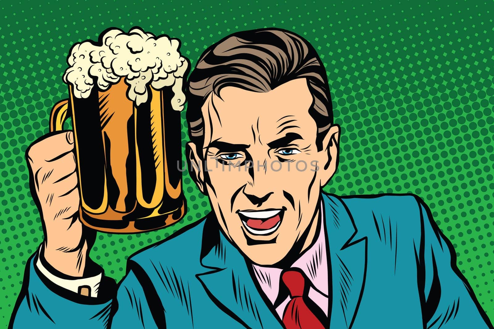 Emotional vintage man with beer pop art retro vector. Fan in bar