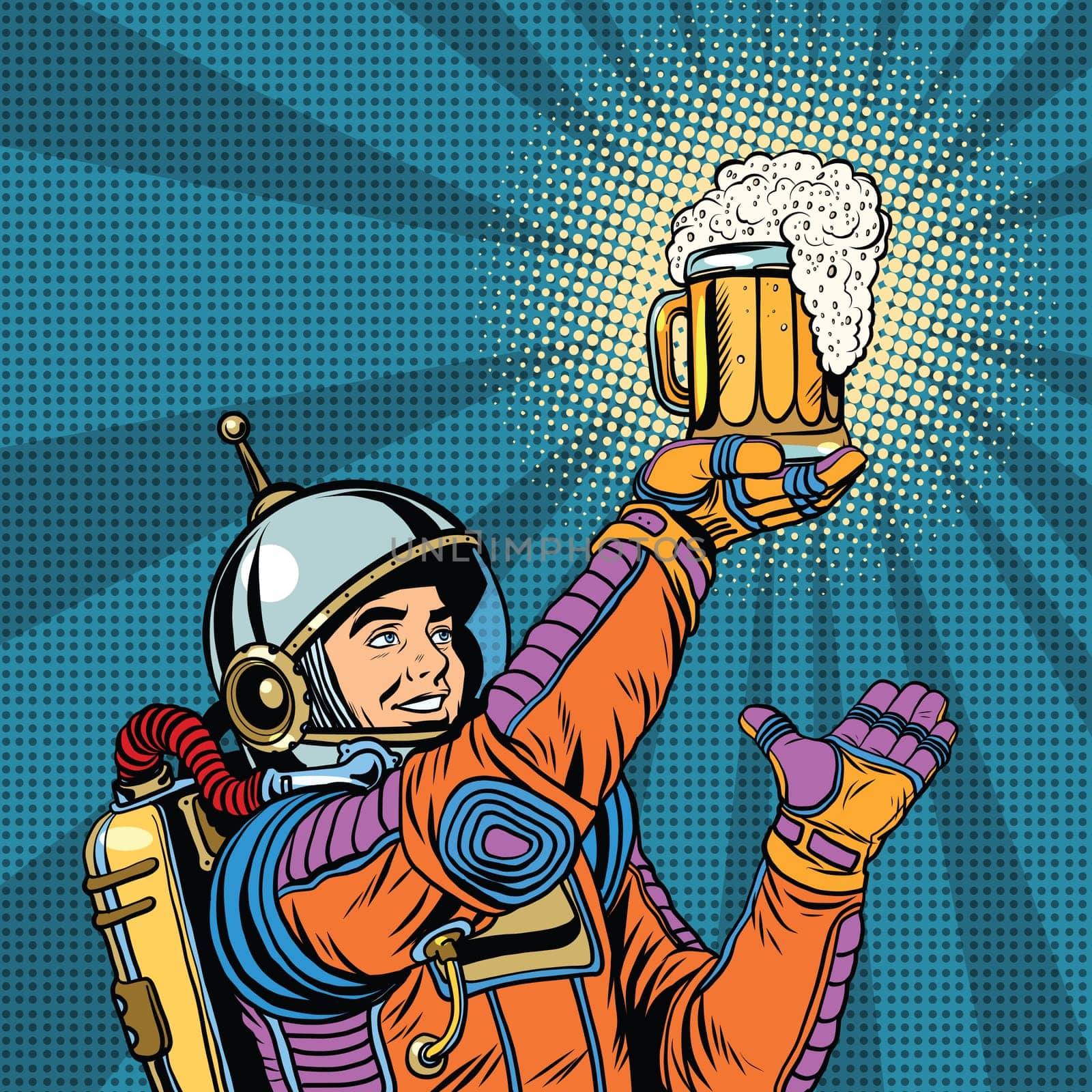 retro astronaut and a mug of beer pop art retro vector