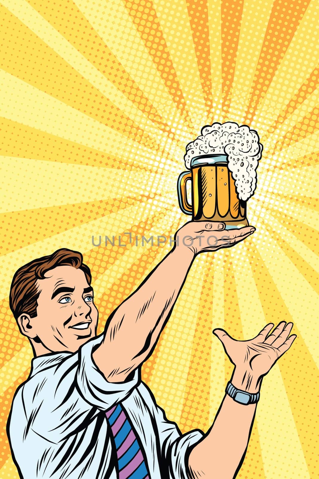 Retro man and mug of beer pop art vector. Oktoberfest and St. Patrick day. Beer festival