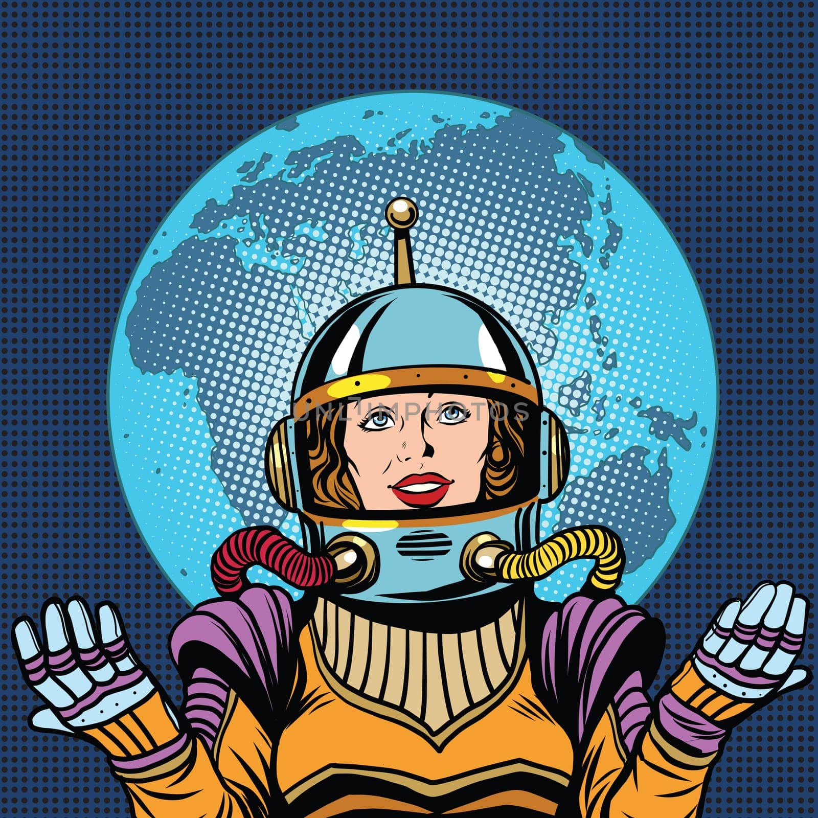 Woman astronaut a symbol of life on planet Earth pop art retro vector. Humanity and the cosmos. Earth day and ecology