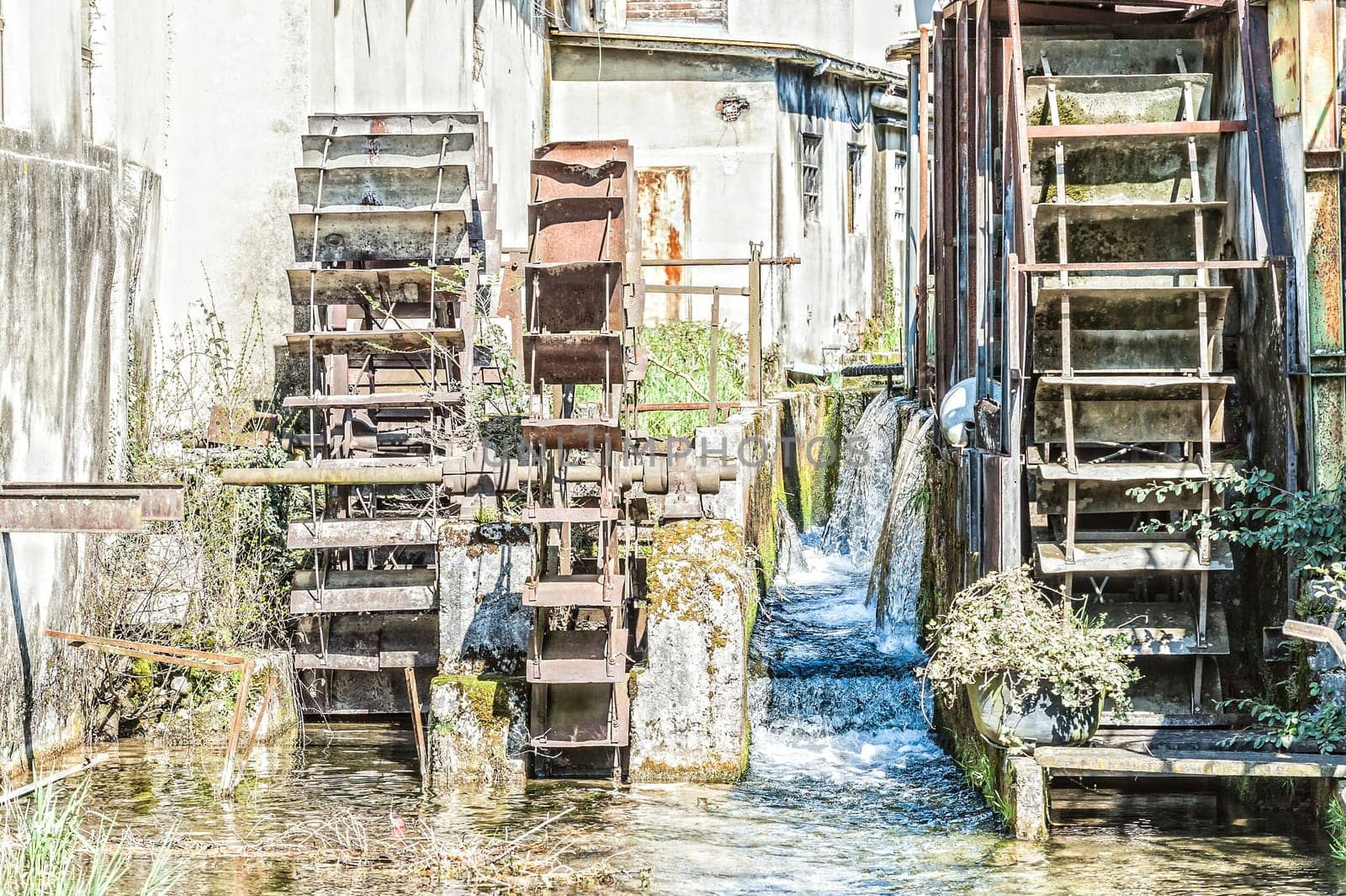 The carriages wheels of a water mill.