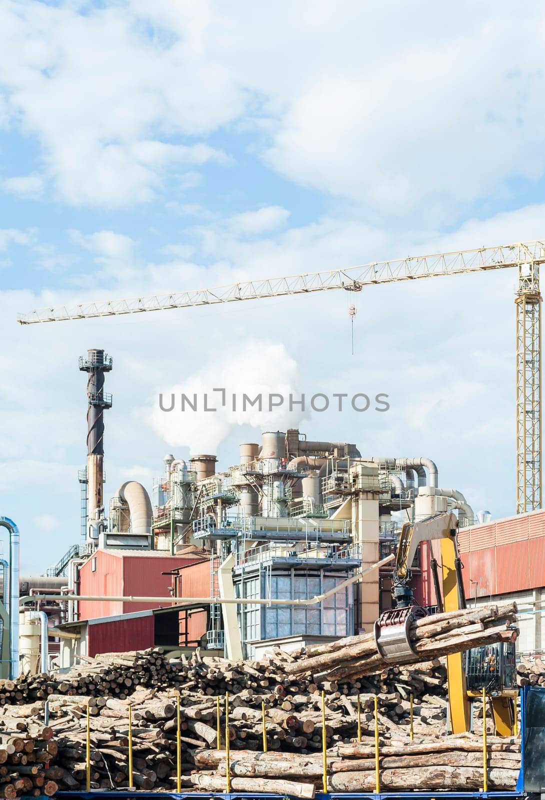 industrial plant of a furniture factory with smoking smokestacks,tubes,silos,crane ,truck and trunks.