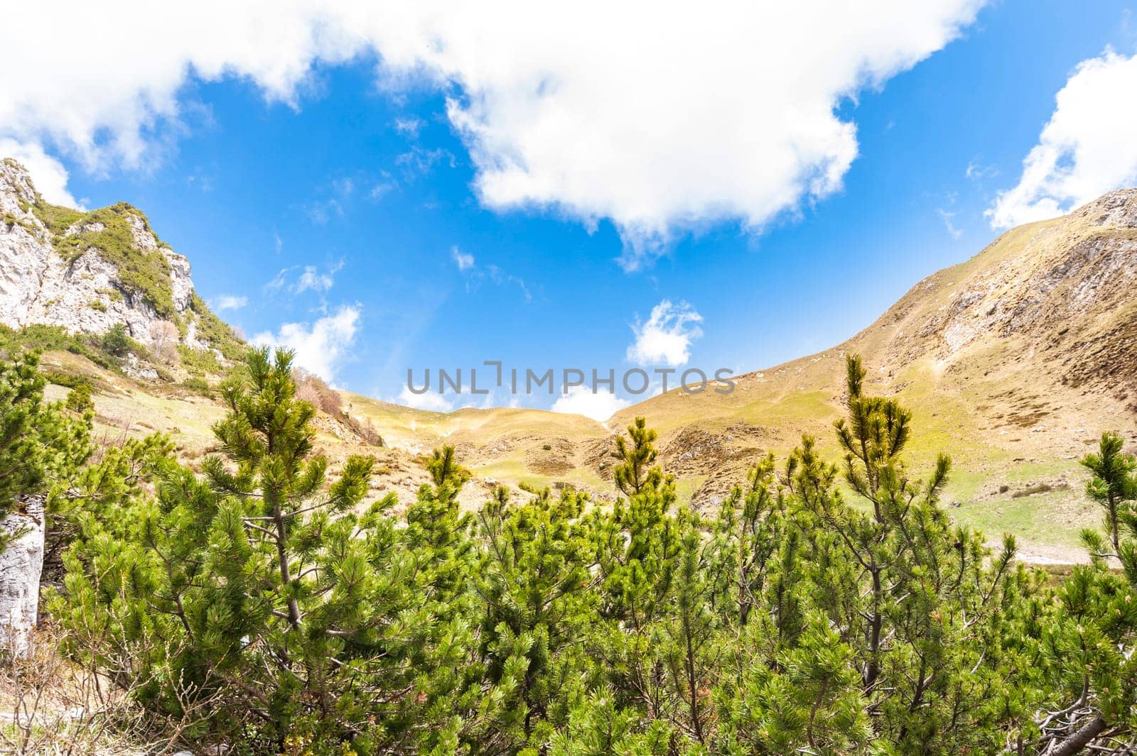 Alpine landscape. Mountain pass with blue sky and clouds