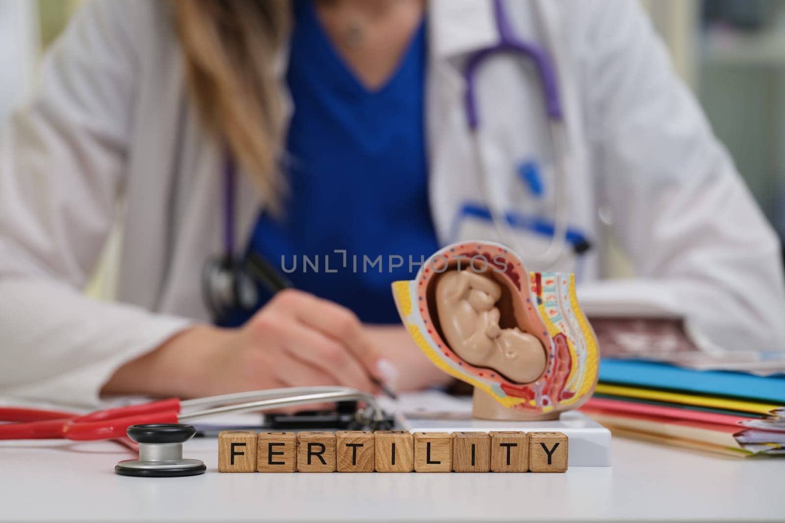 A healthcare provider specializes in fertility care, meticulously documenting essential information using a baby model