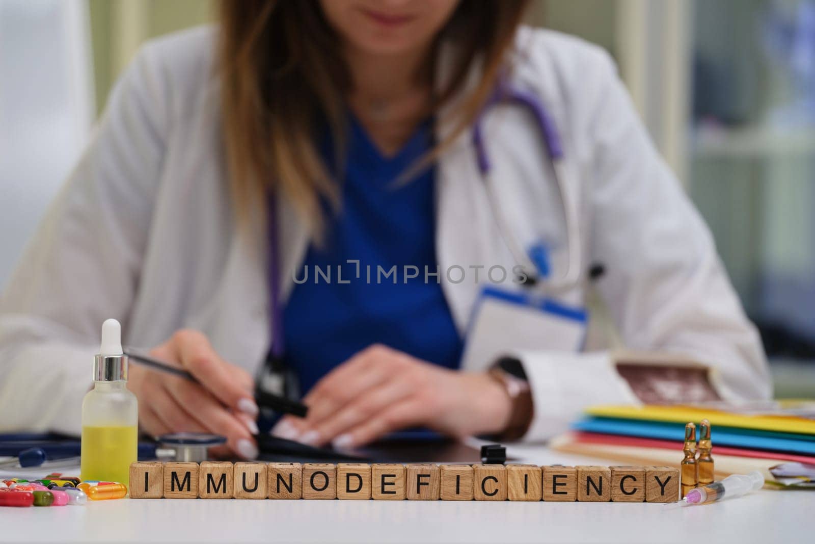 A qualified professional is analyzing immunodeficiency using lab materials within a medical environment setting