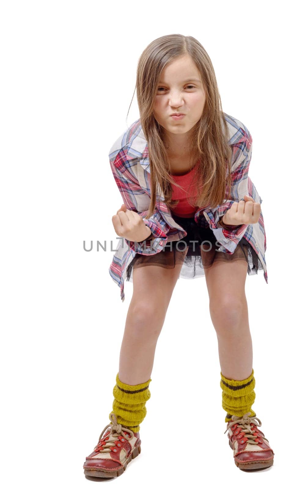 preteen girl in hipster style, angry isolated on white background