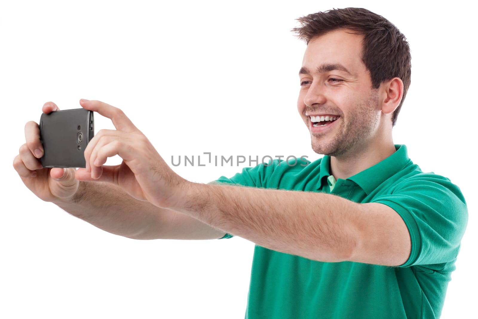 Young handsome man taking a selfie or or chat with someone