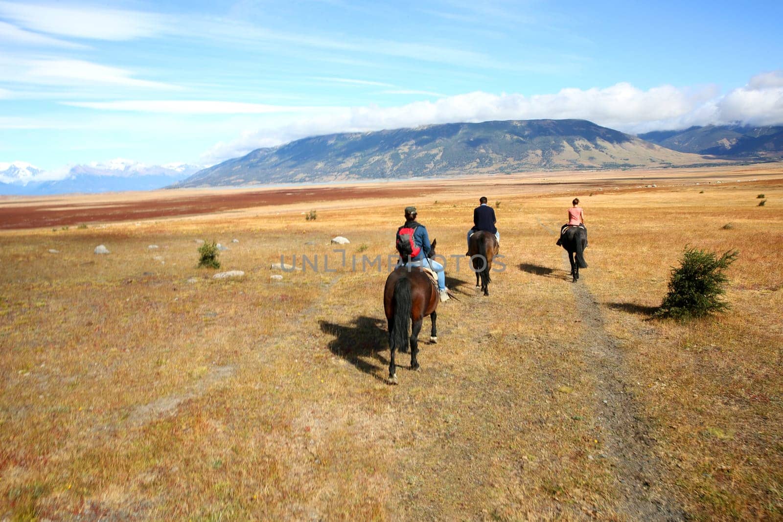 People riding horses in Patagonian steppe
