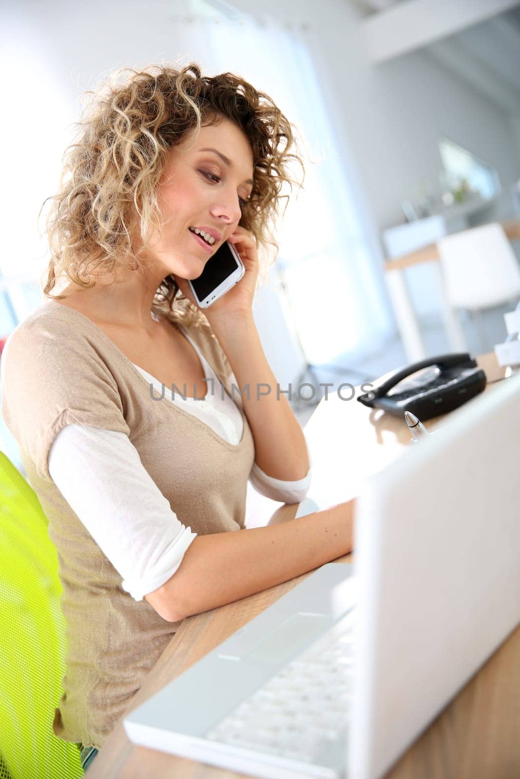 Beautiful saleswoman in office talking on the phone
