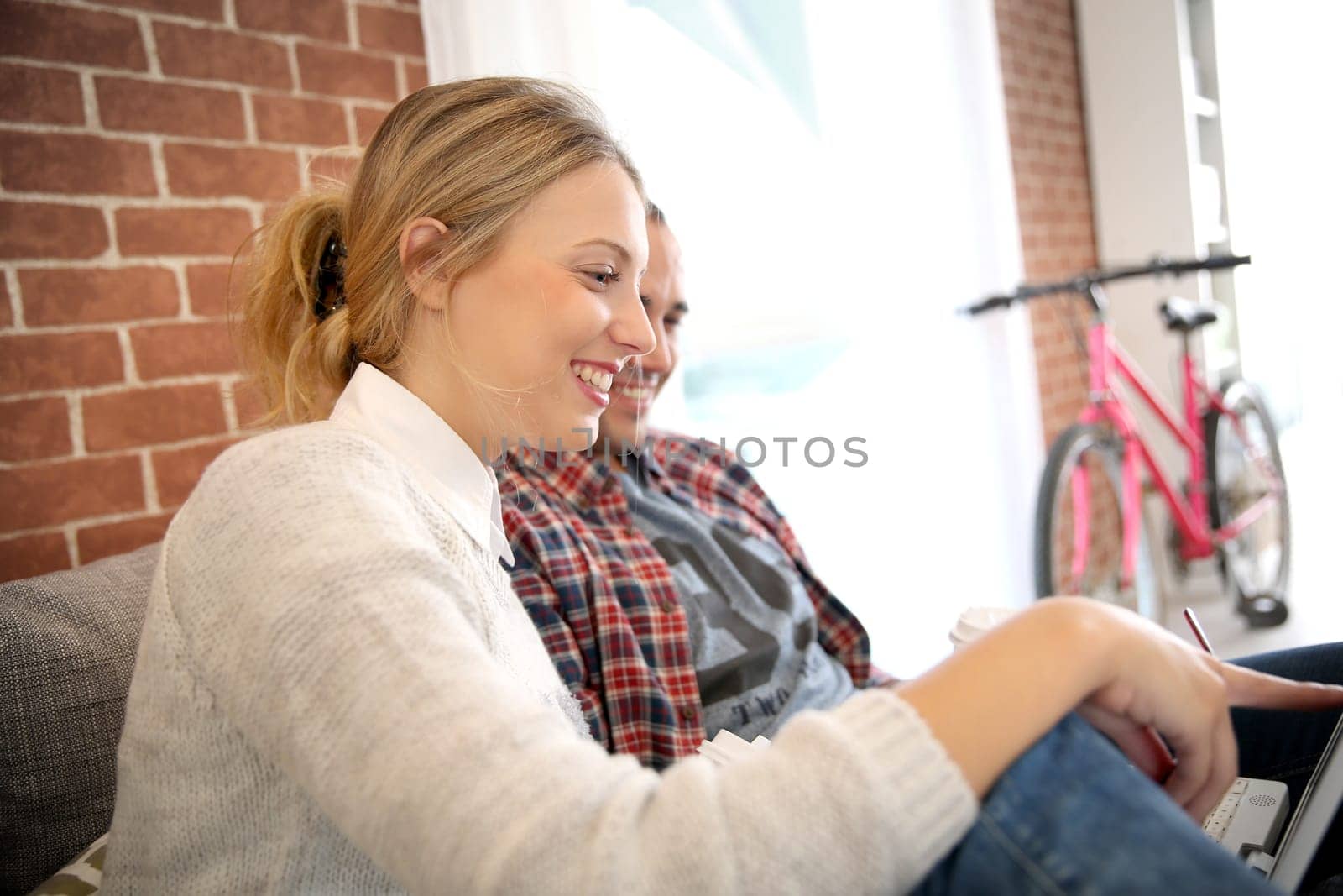 Roommates at home websurfing on laptop