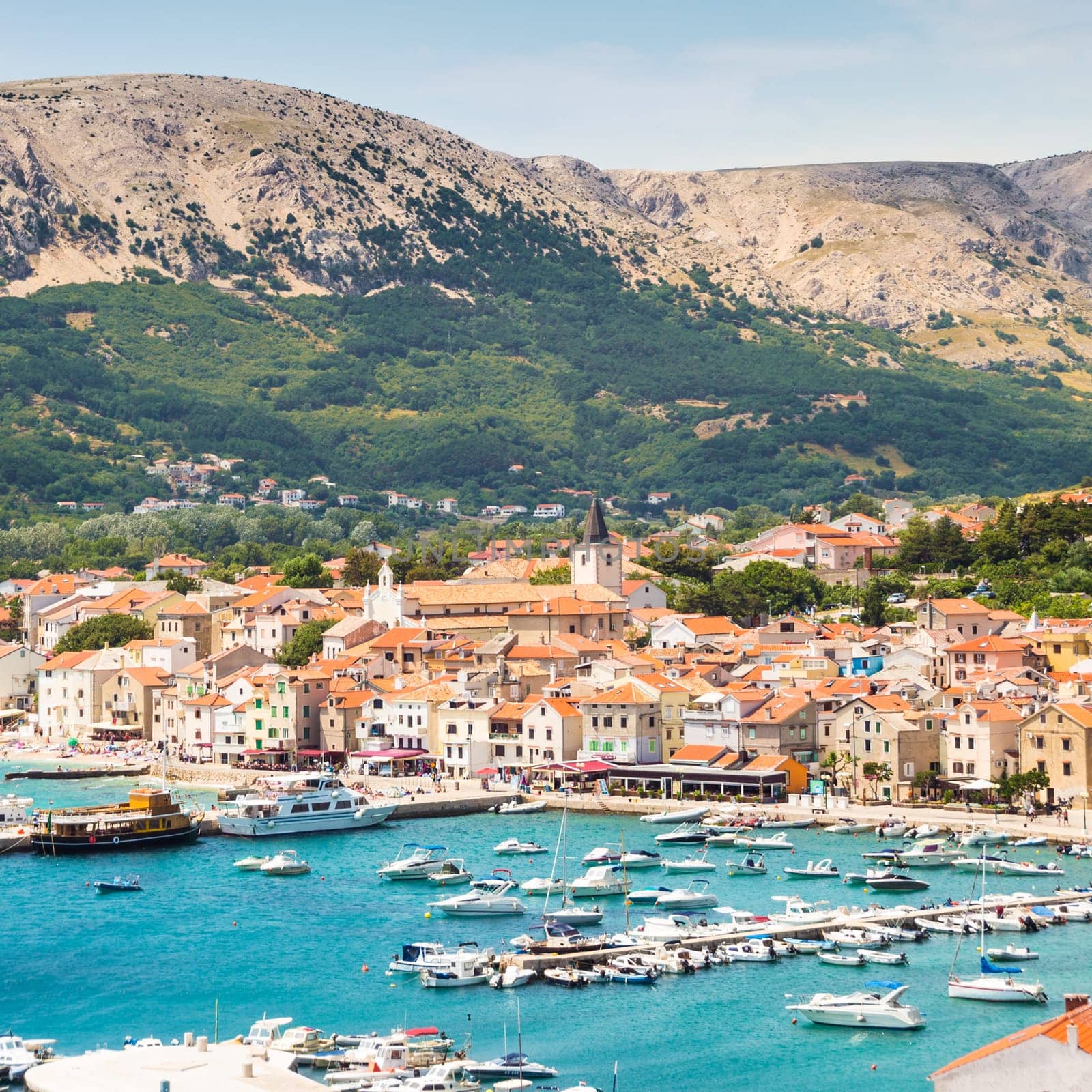 Panoramic view of Baska town, popular touristic destination on island Krk Croatia Europe.