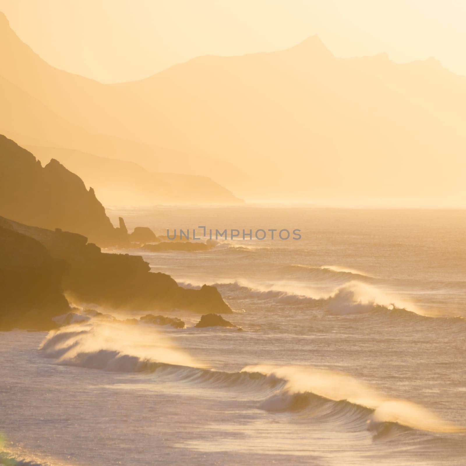La Pared surfers beach in sunset, Fuerteventura, Canary Islands, Spain