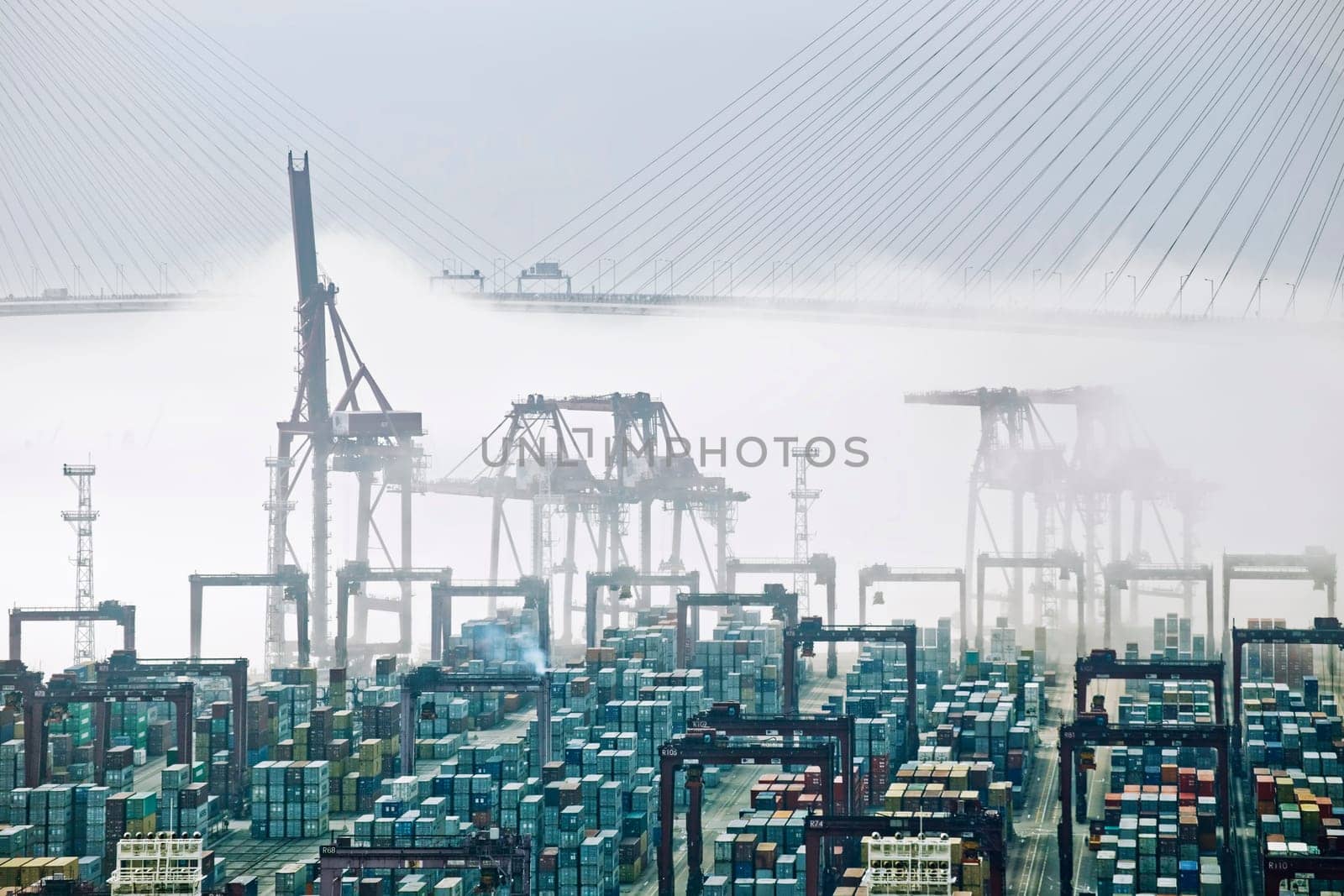 Hong Kong cargo port in mist