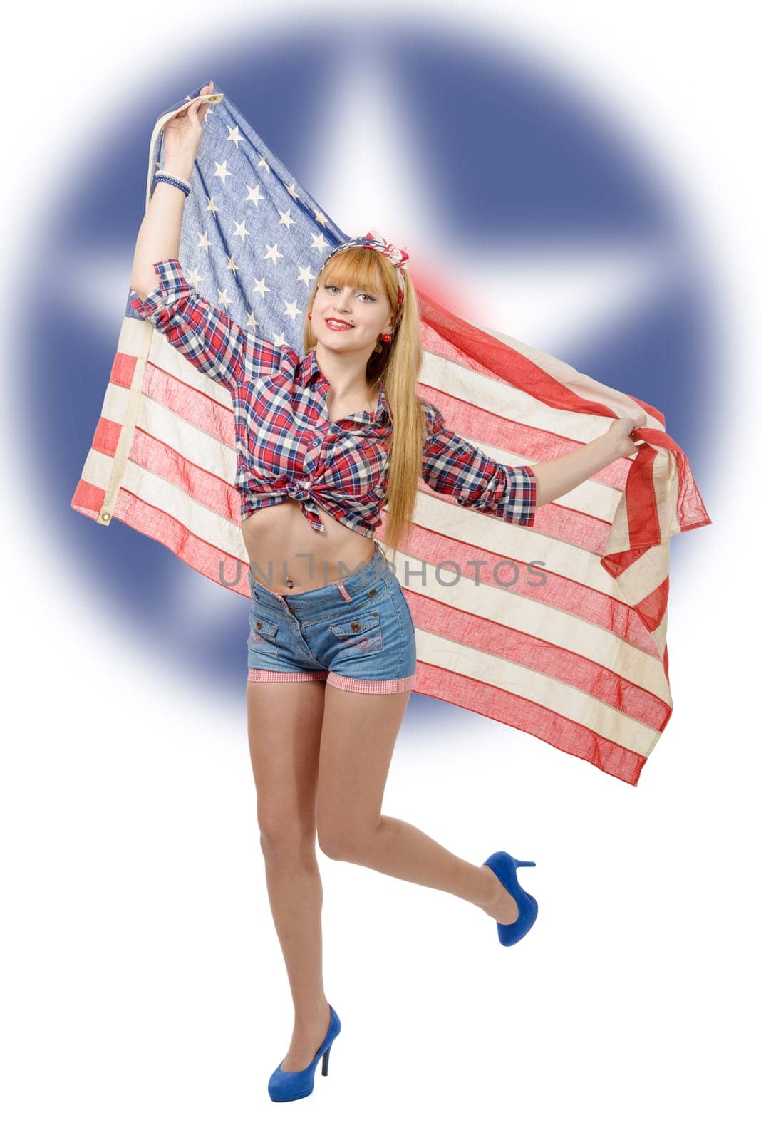 a sexy pin up girl  holding an American Flag