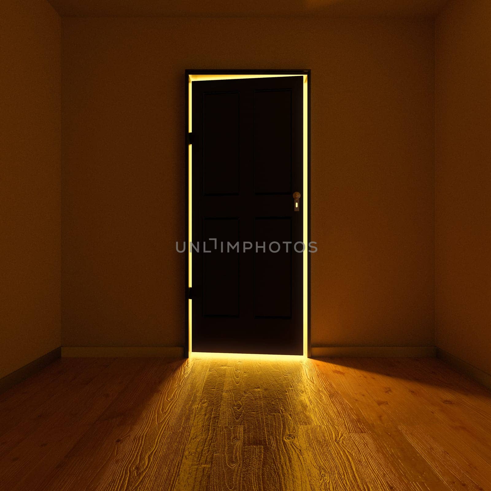 Dark room with an illuminated door