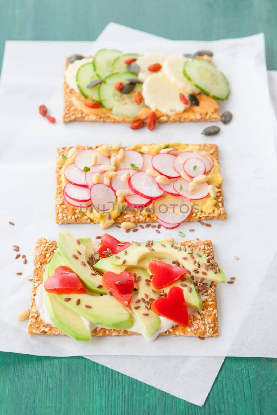Knaeckebrot with colorful spread and topping