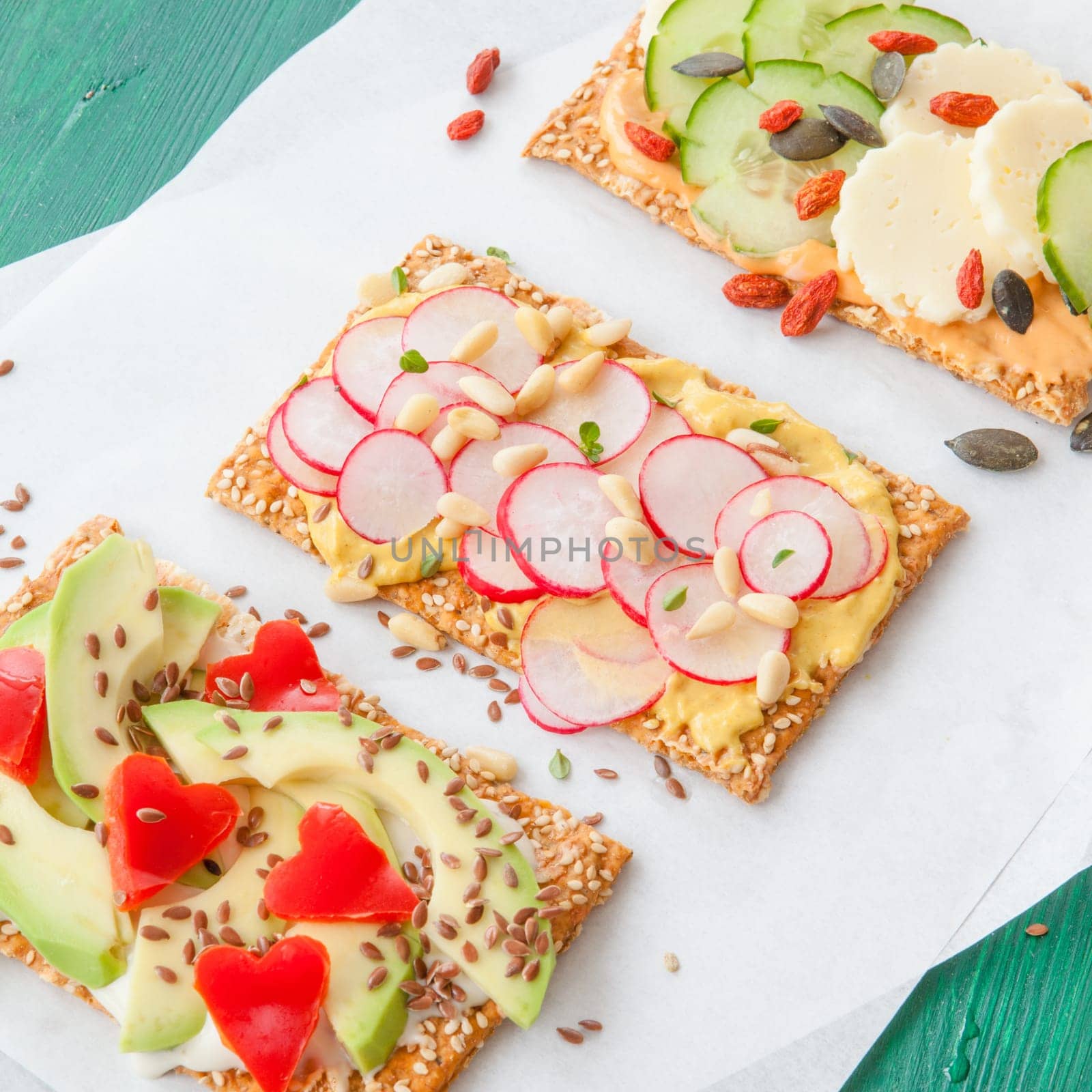 Knaeckebrot with colorful spread and topping