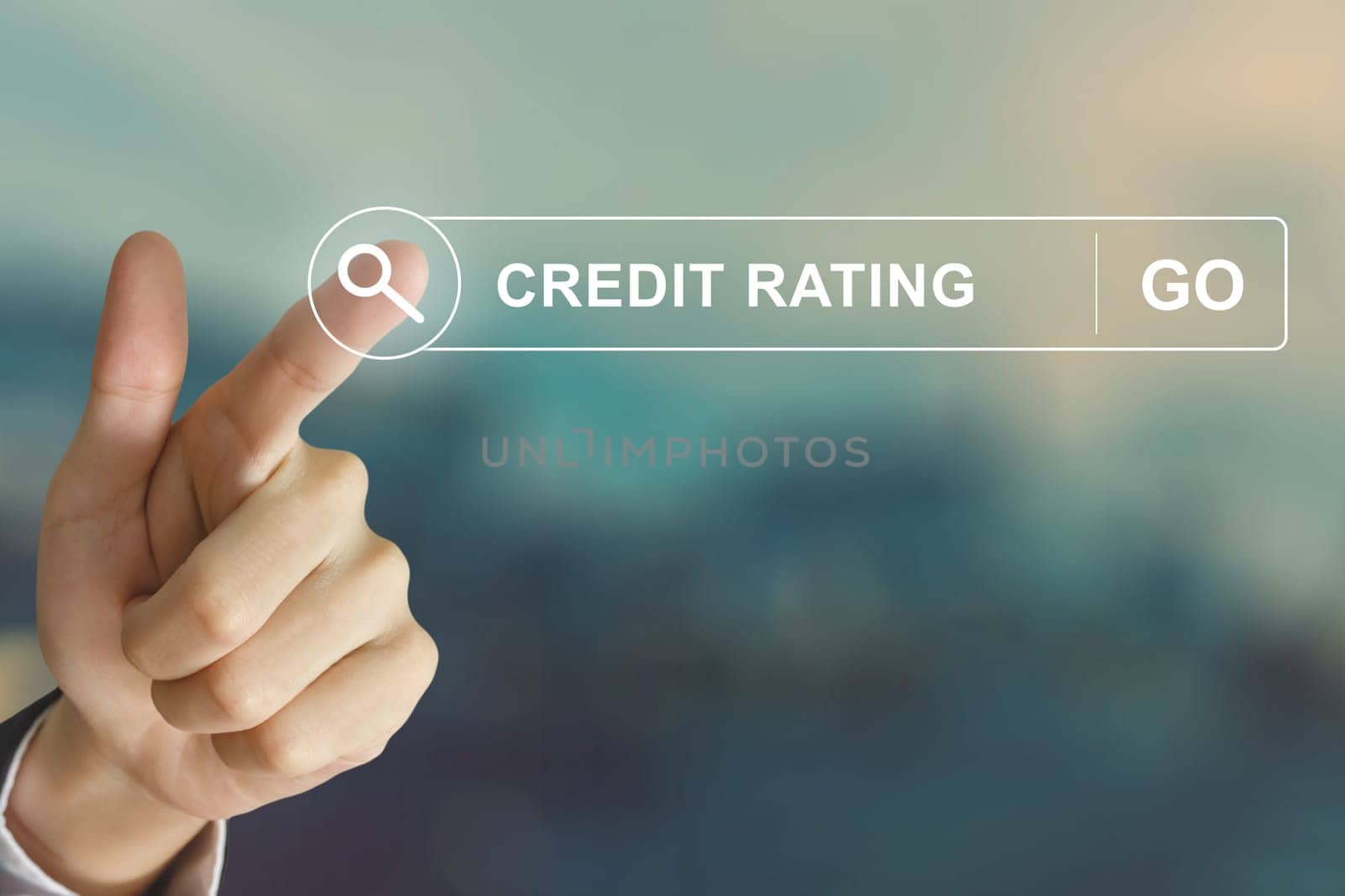 business hand clicking credit rating button on search toolbar with vintage style effect