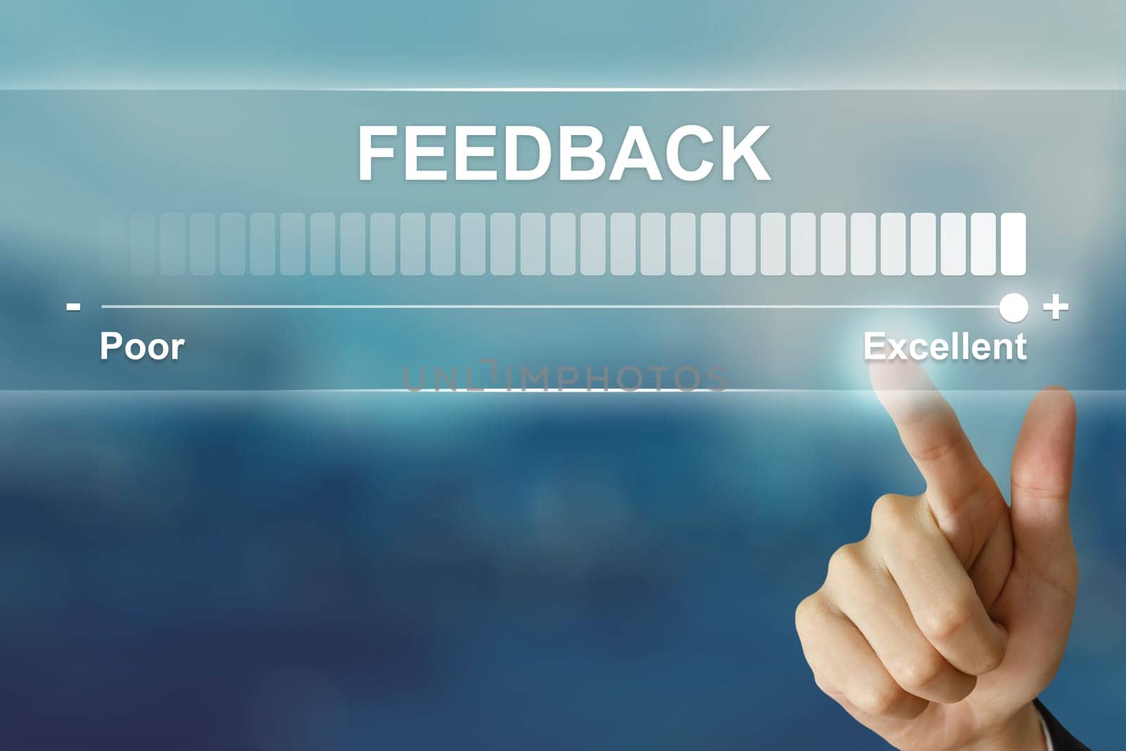 business hand pushing excellent feedback on virtual screen interface