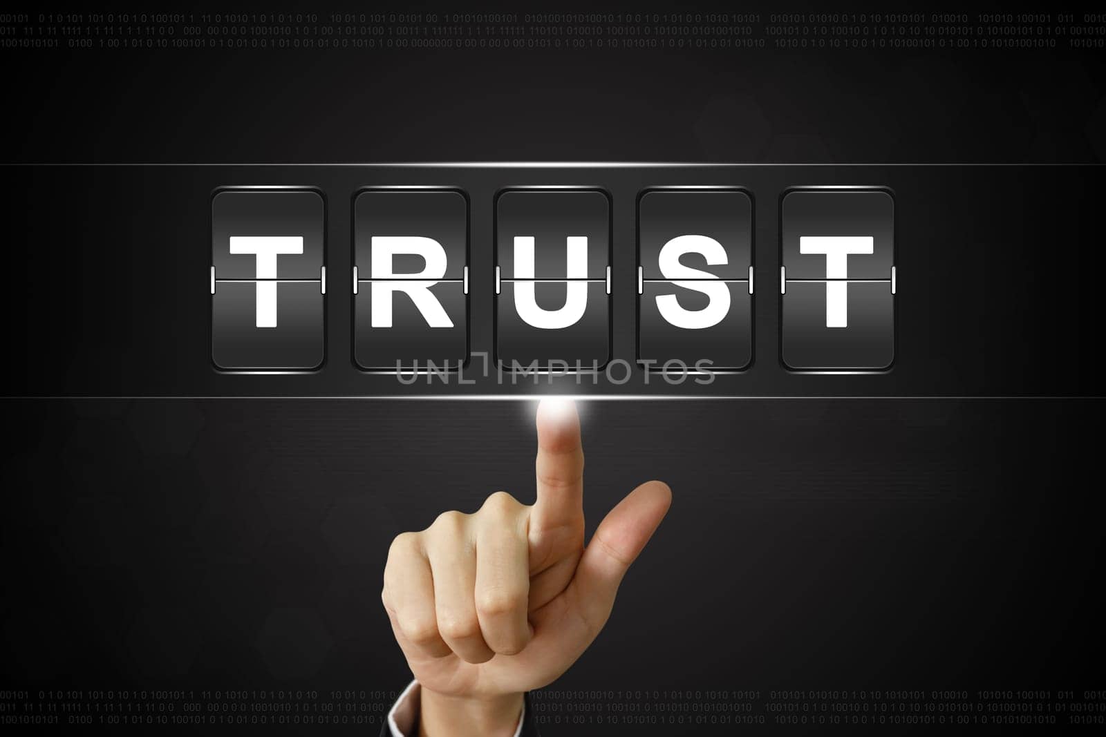 business hand pushing trust on Flipboard Display